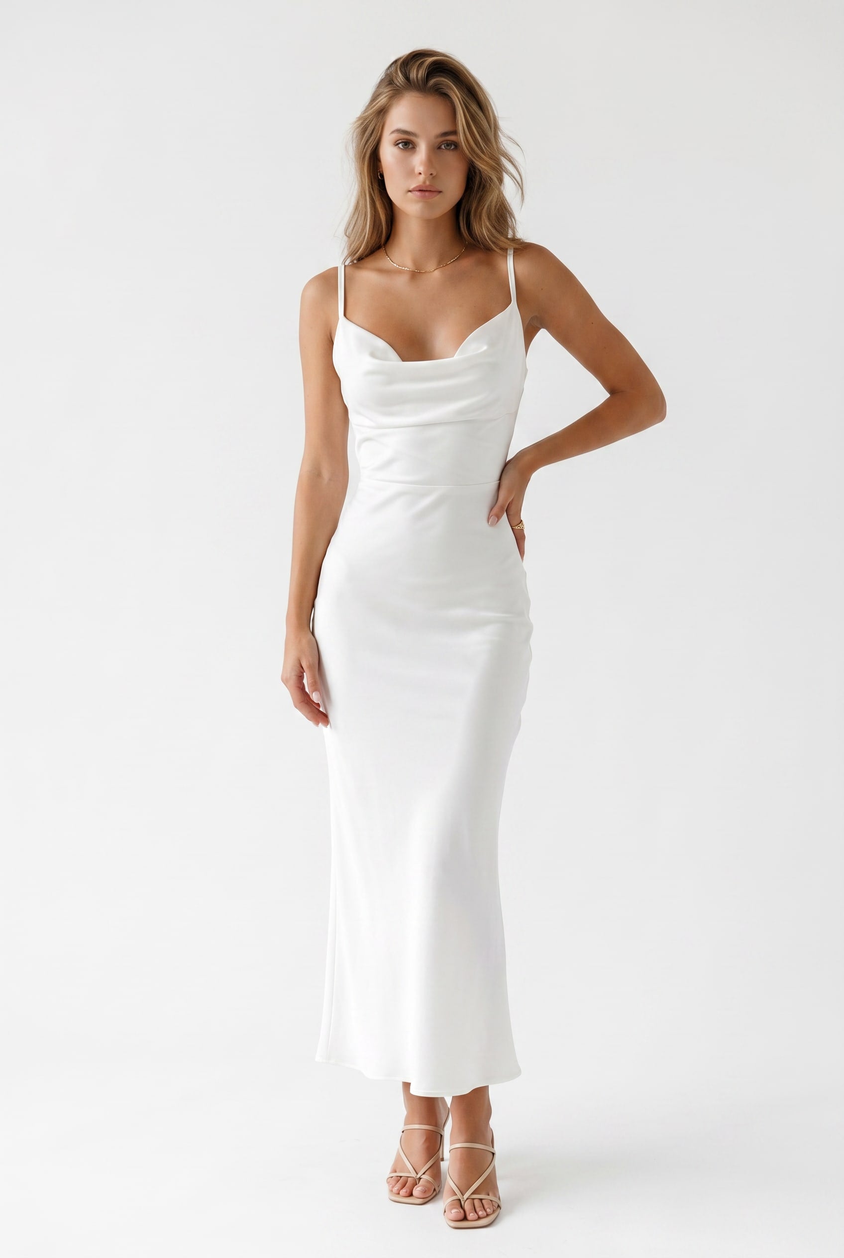 White Satin Cowl Neck Slip Dress