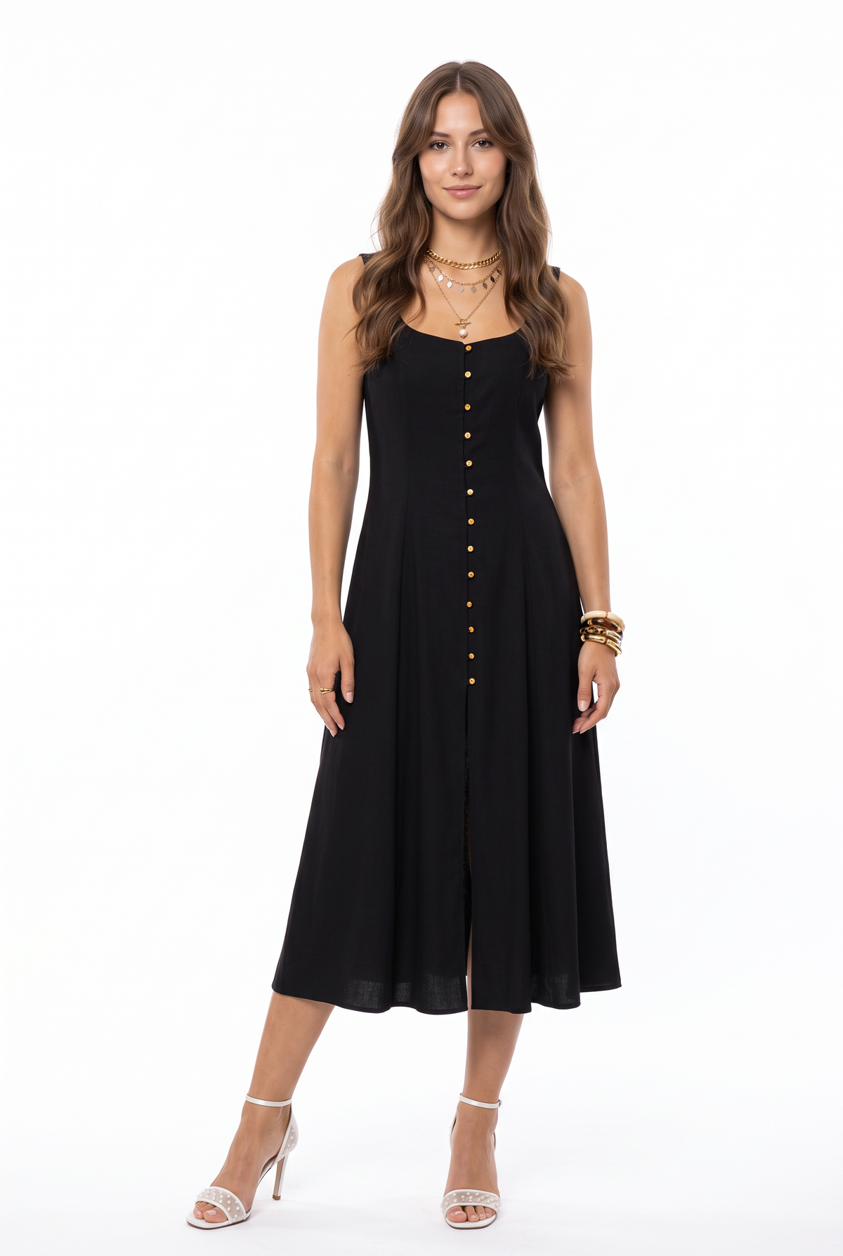Black Button-Front Midi Dress