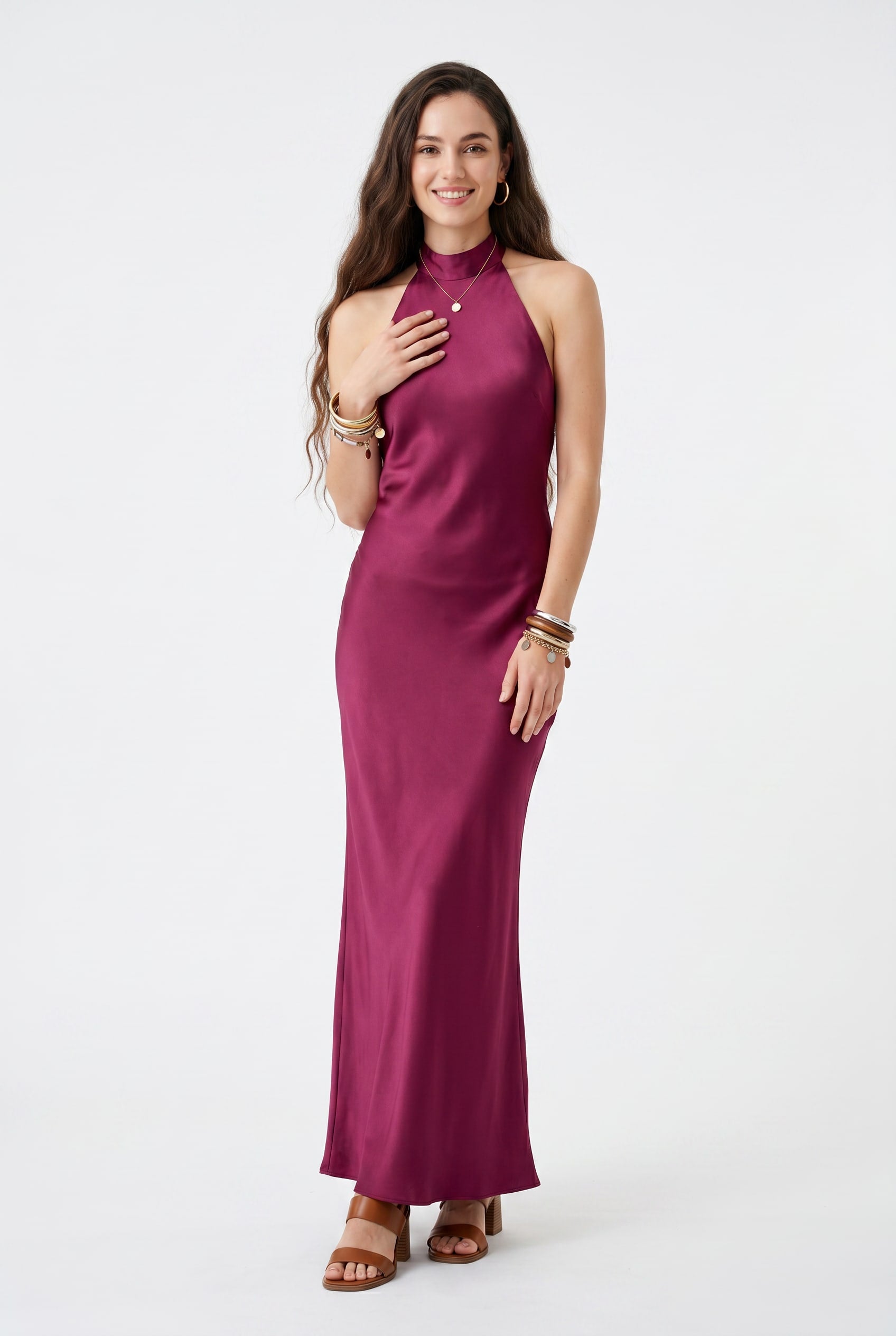 Raspberry Satin Halter Maxi Dress