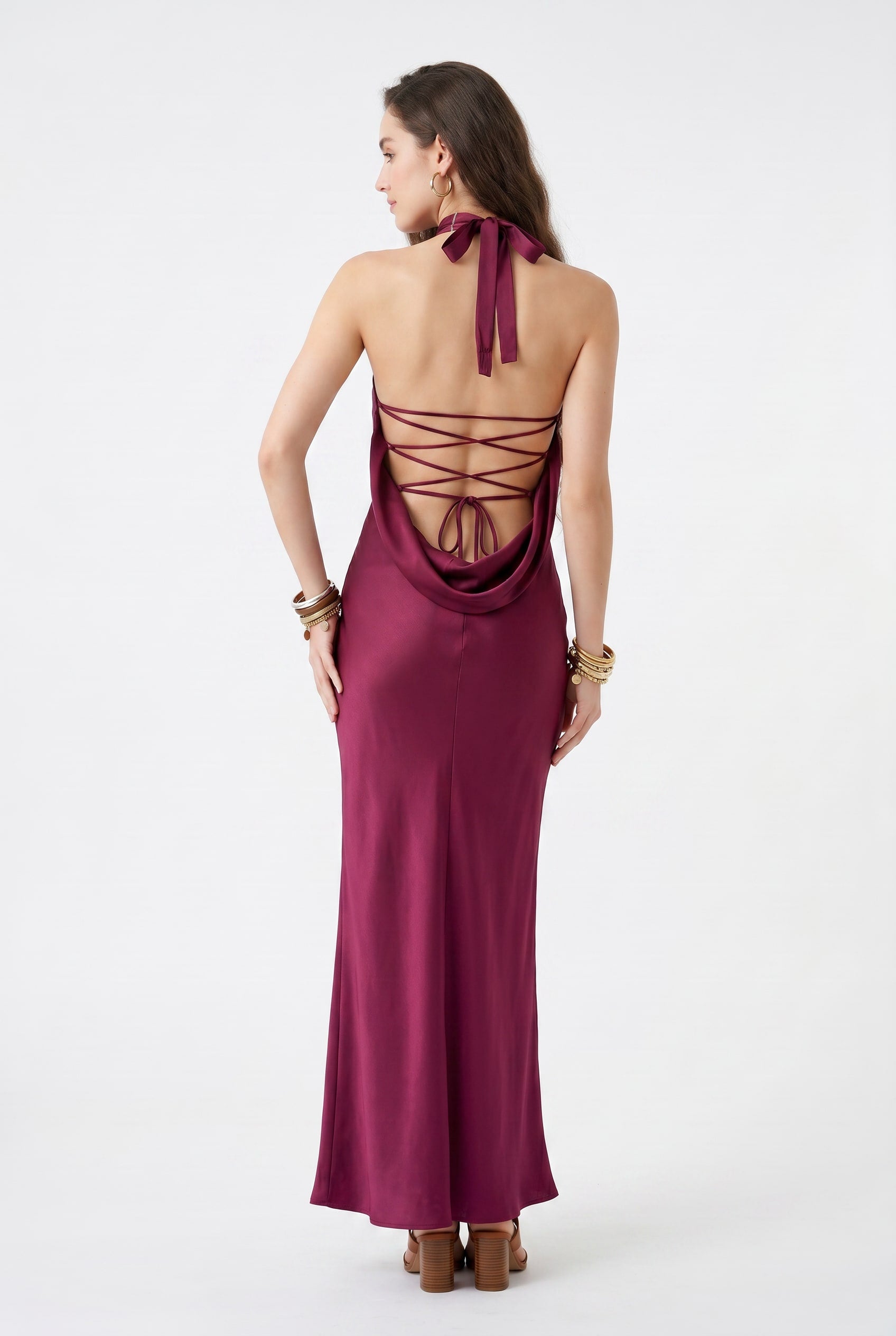 Raspberry Satin Halter Maxi Dress