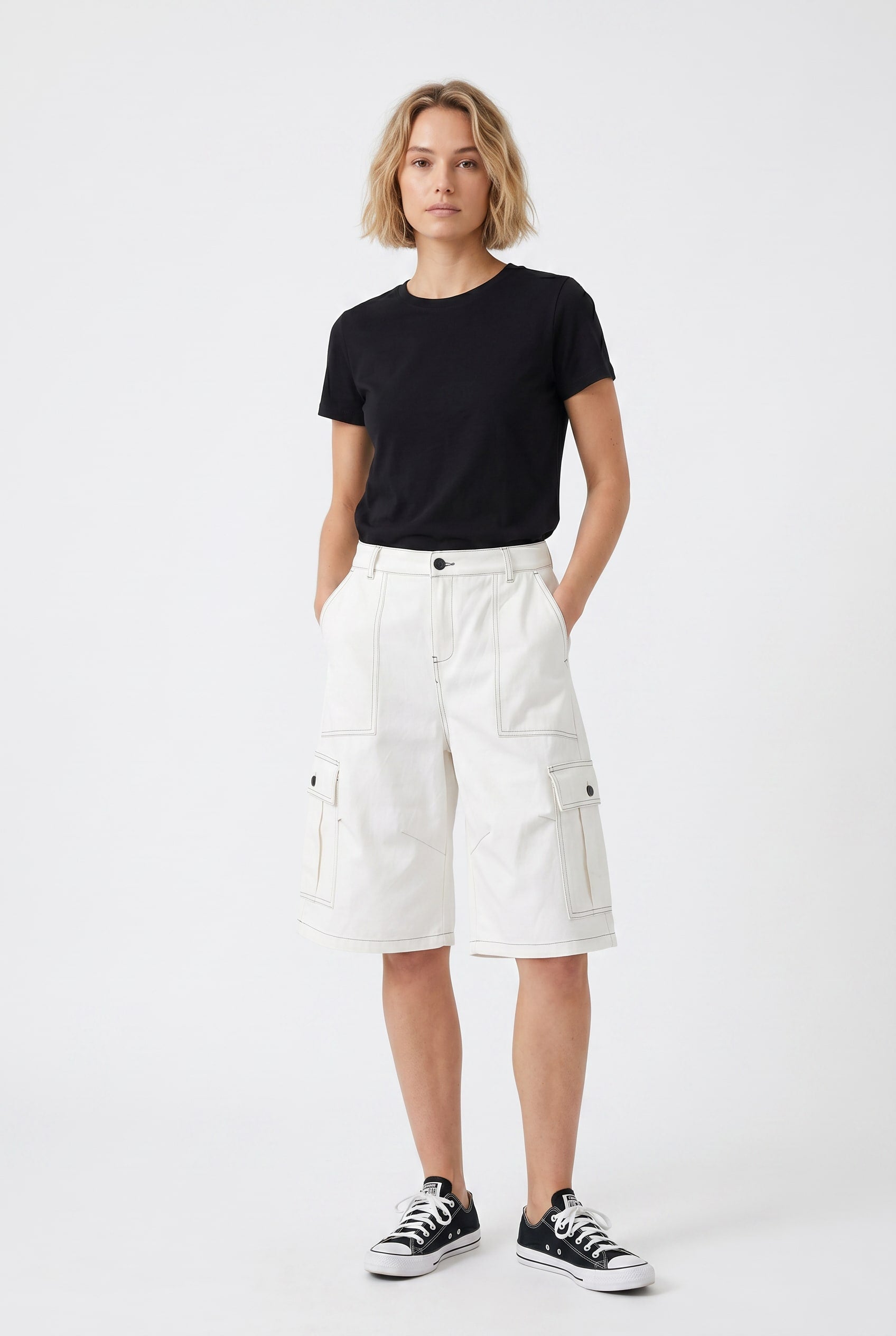 Ecru Contrast Stitch Cargo Bermuda Shorts