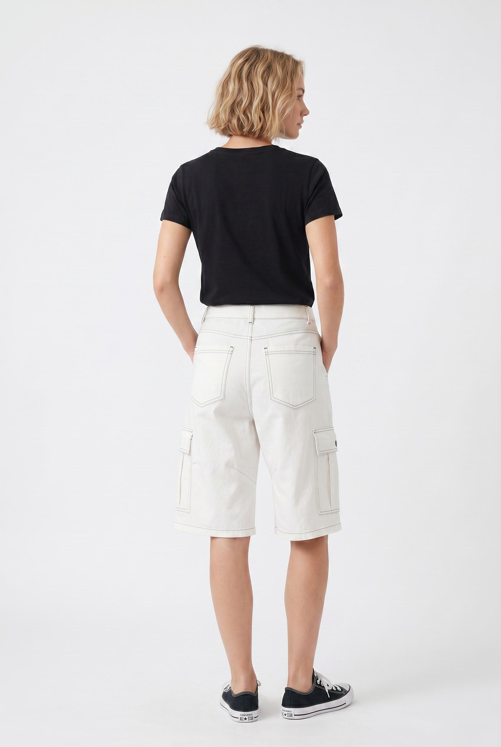 Ecru Contrast Stitch Cargo Bermuda Shorts