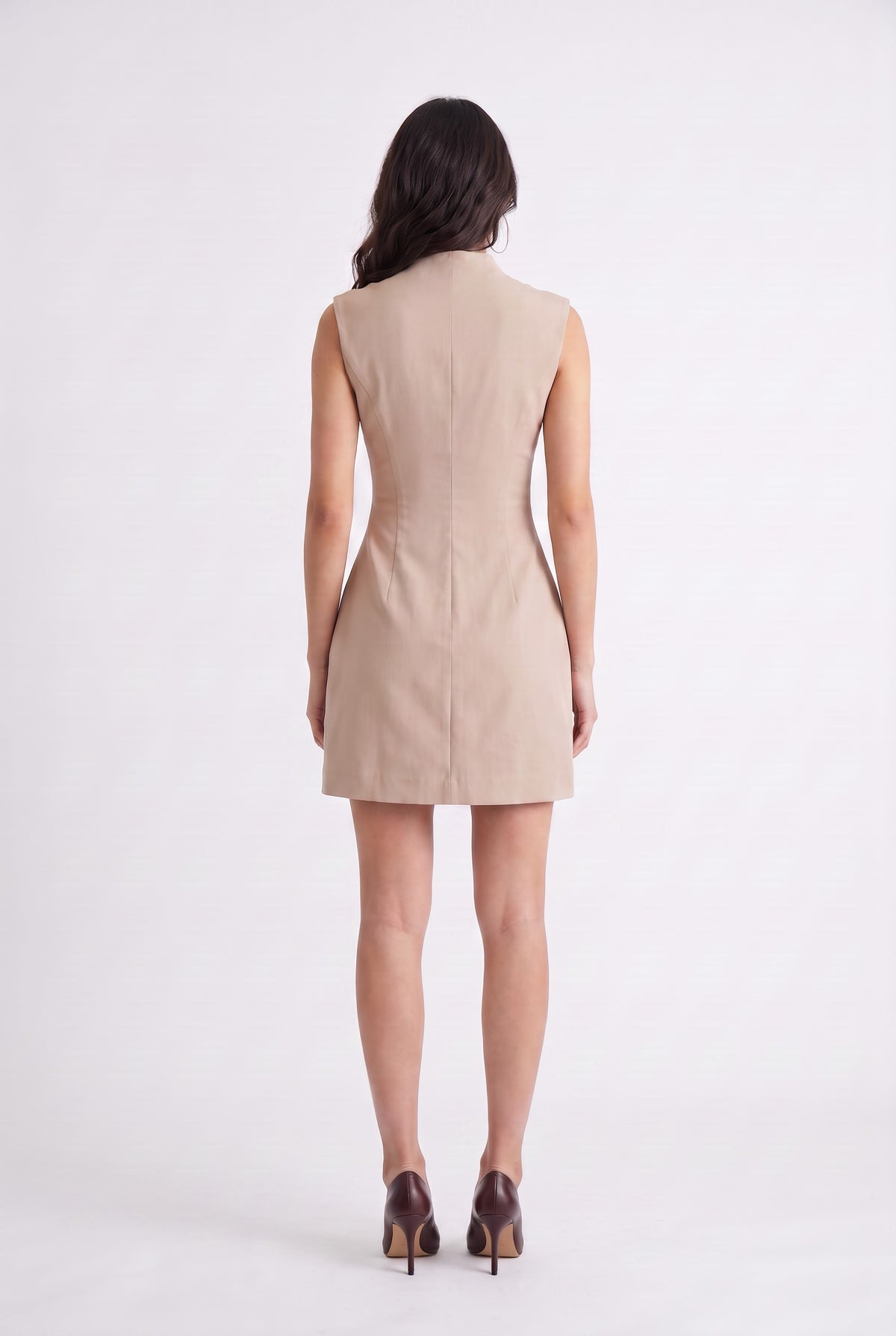 Beige Zip-Front Structured Mini Dress