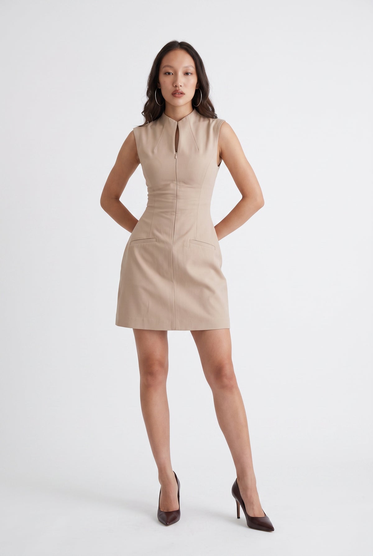 Beige Zip-Front Structured Mini Dress