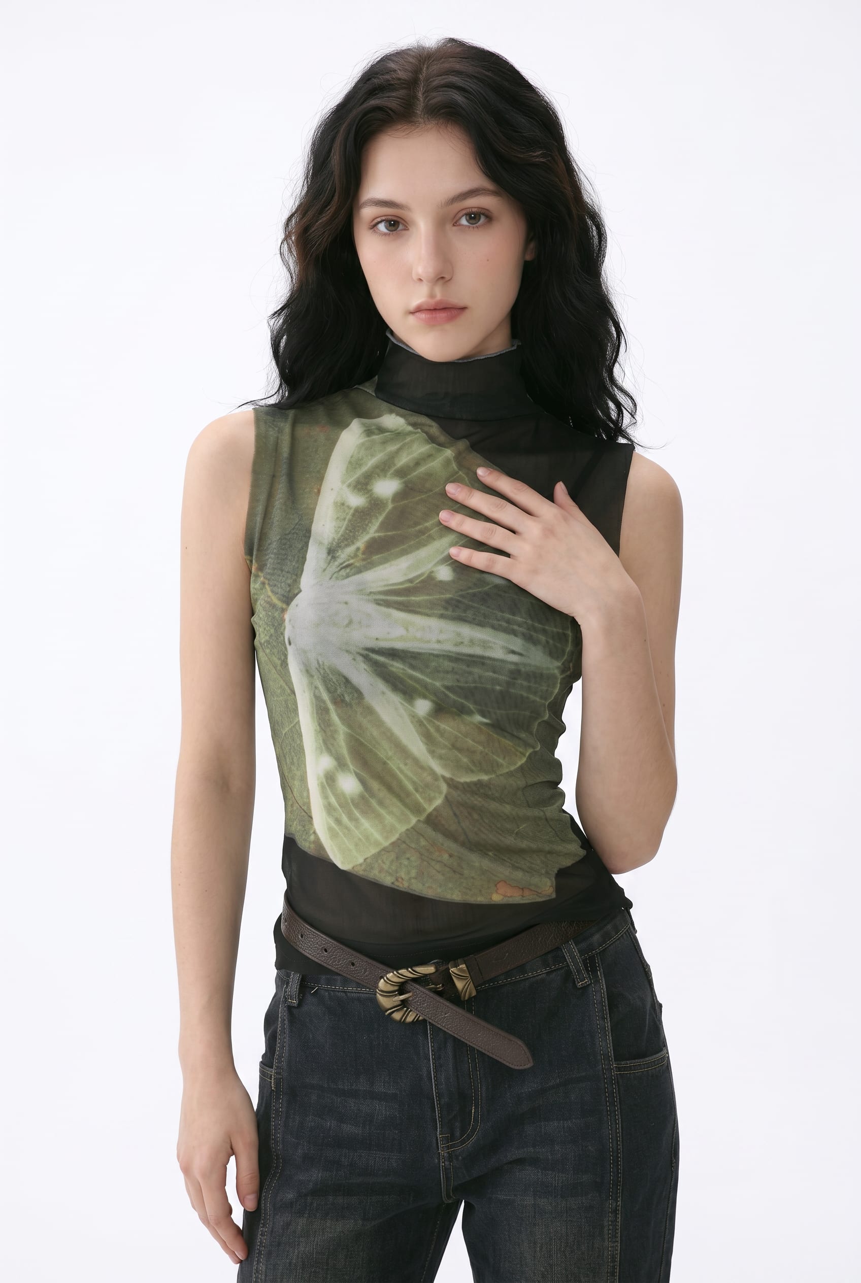 Floral Print Sheer Mesh High Neck Top