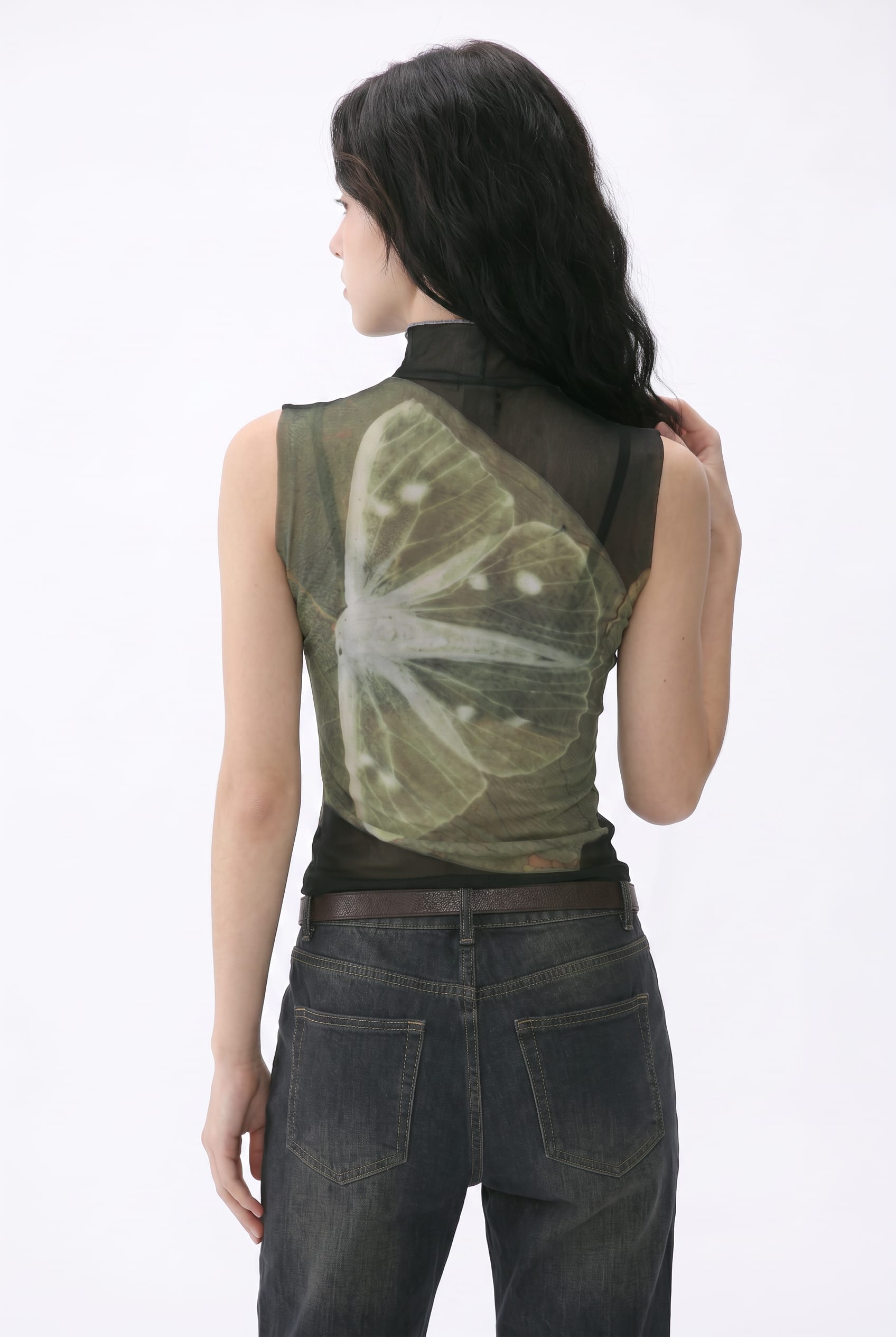 Floral Print Sheer Mesh High Neck Top