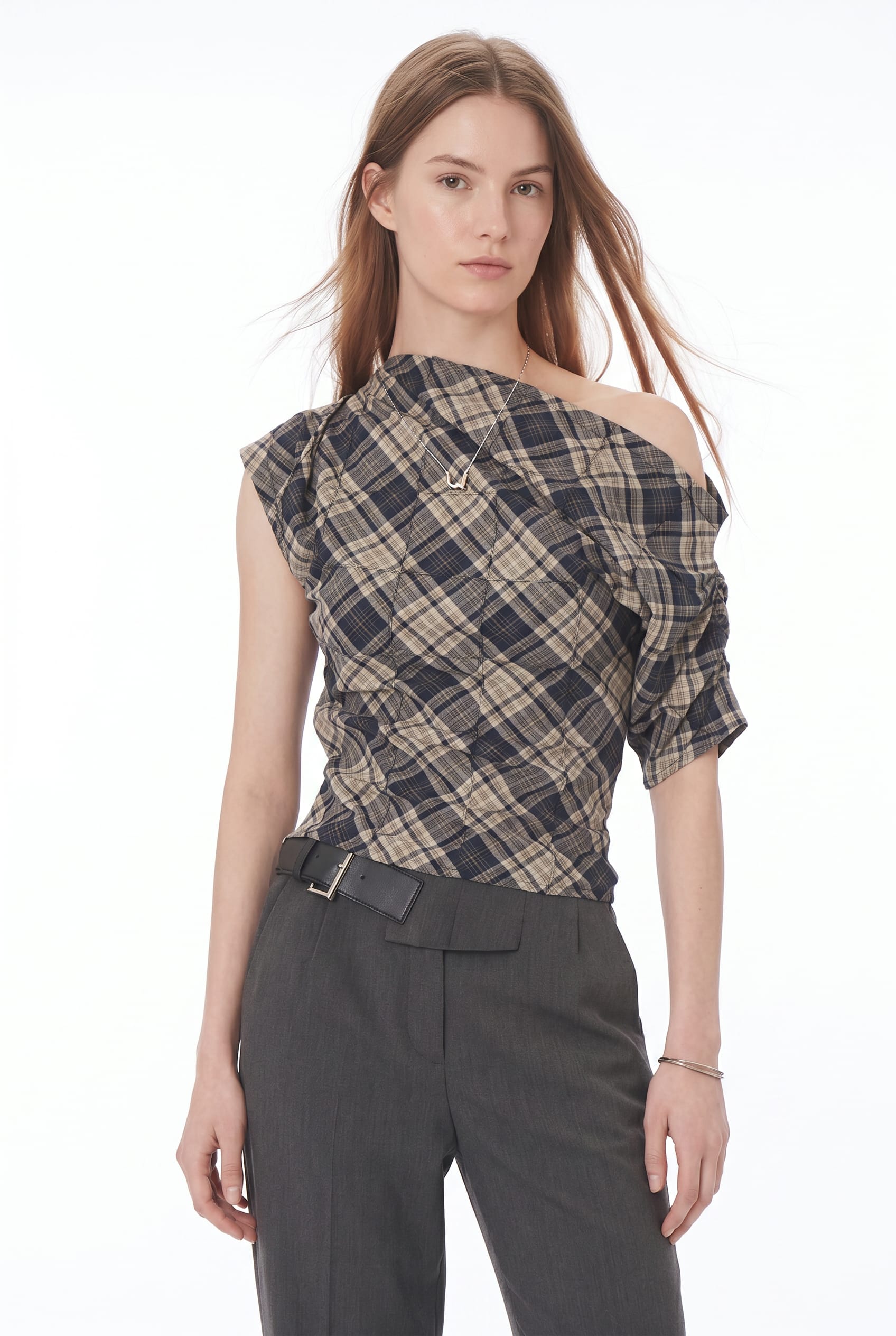 Beige Plaid Asymmetric Off-Shoulder Top