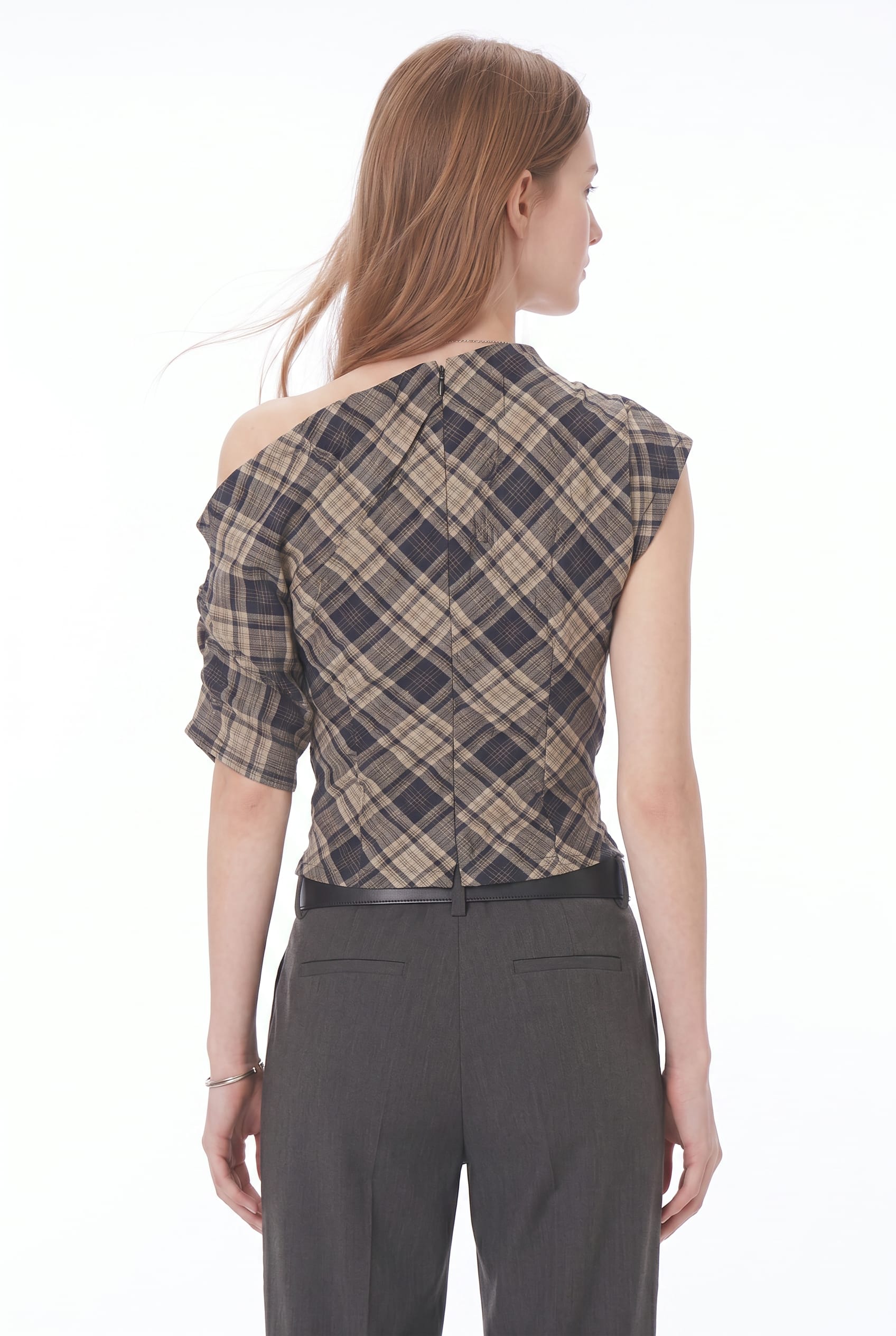 Beige Plaid Asymmetric Off-Shoulder Top