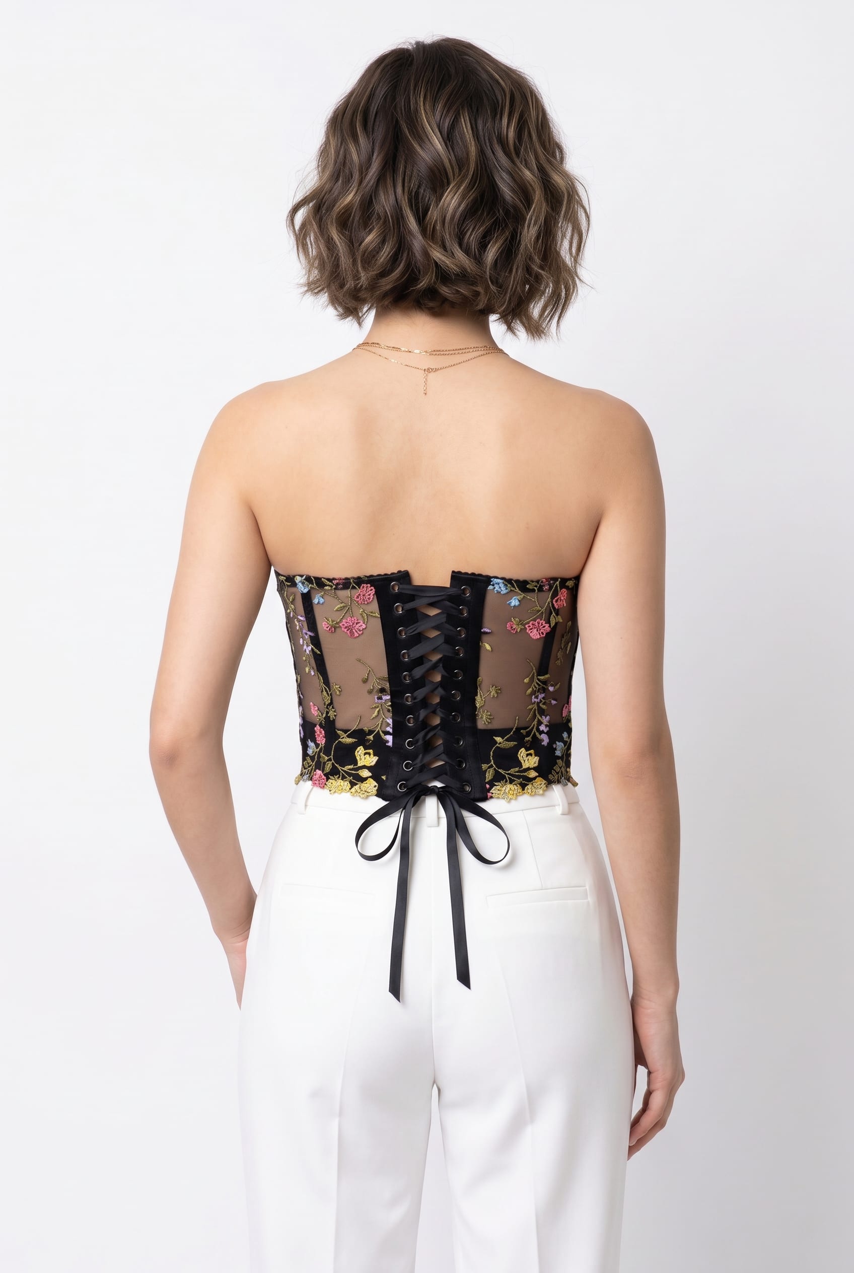 Black Floral Embroidered Sheer Corset Top