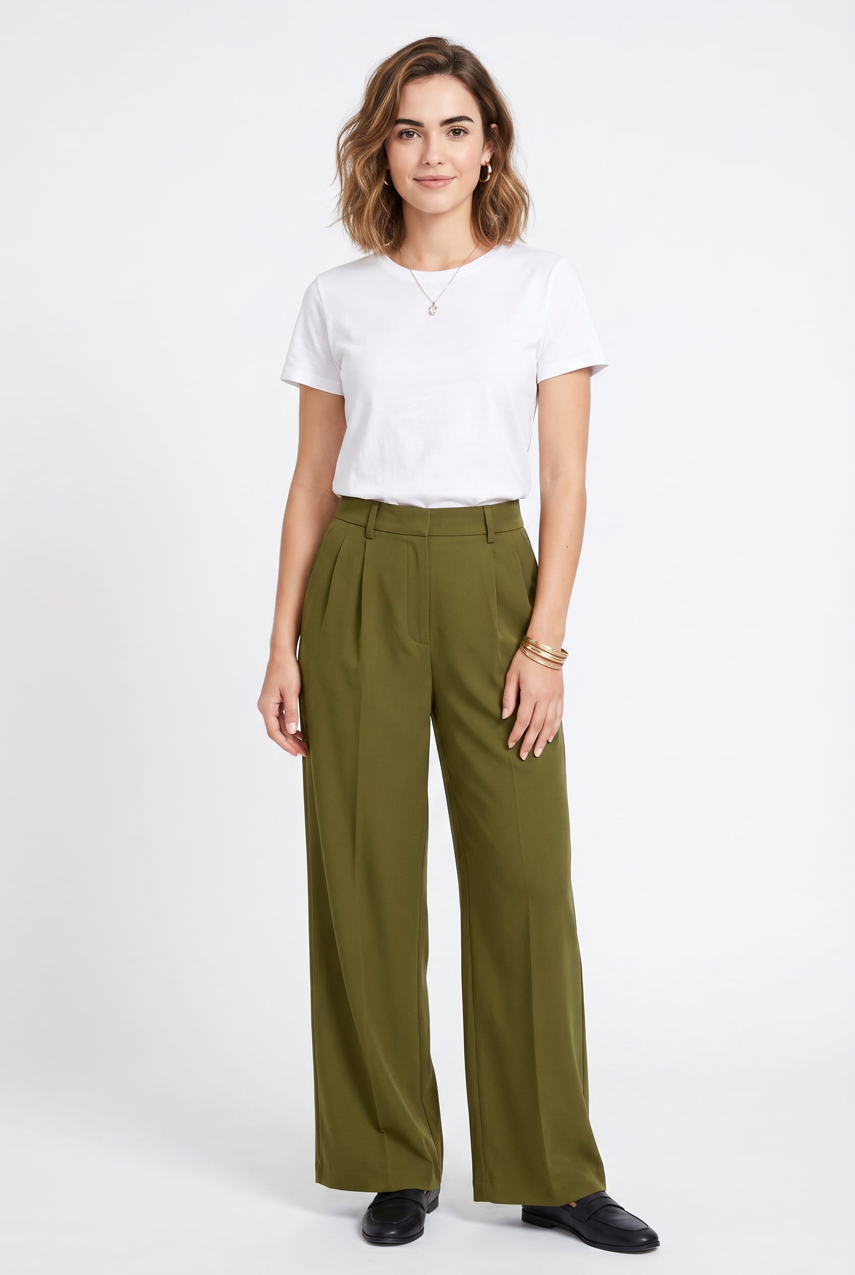 Olive Green Pleated Wide Leg Trousers