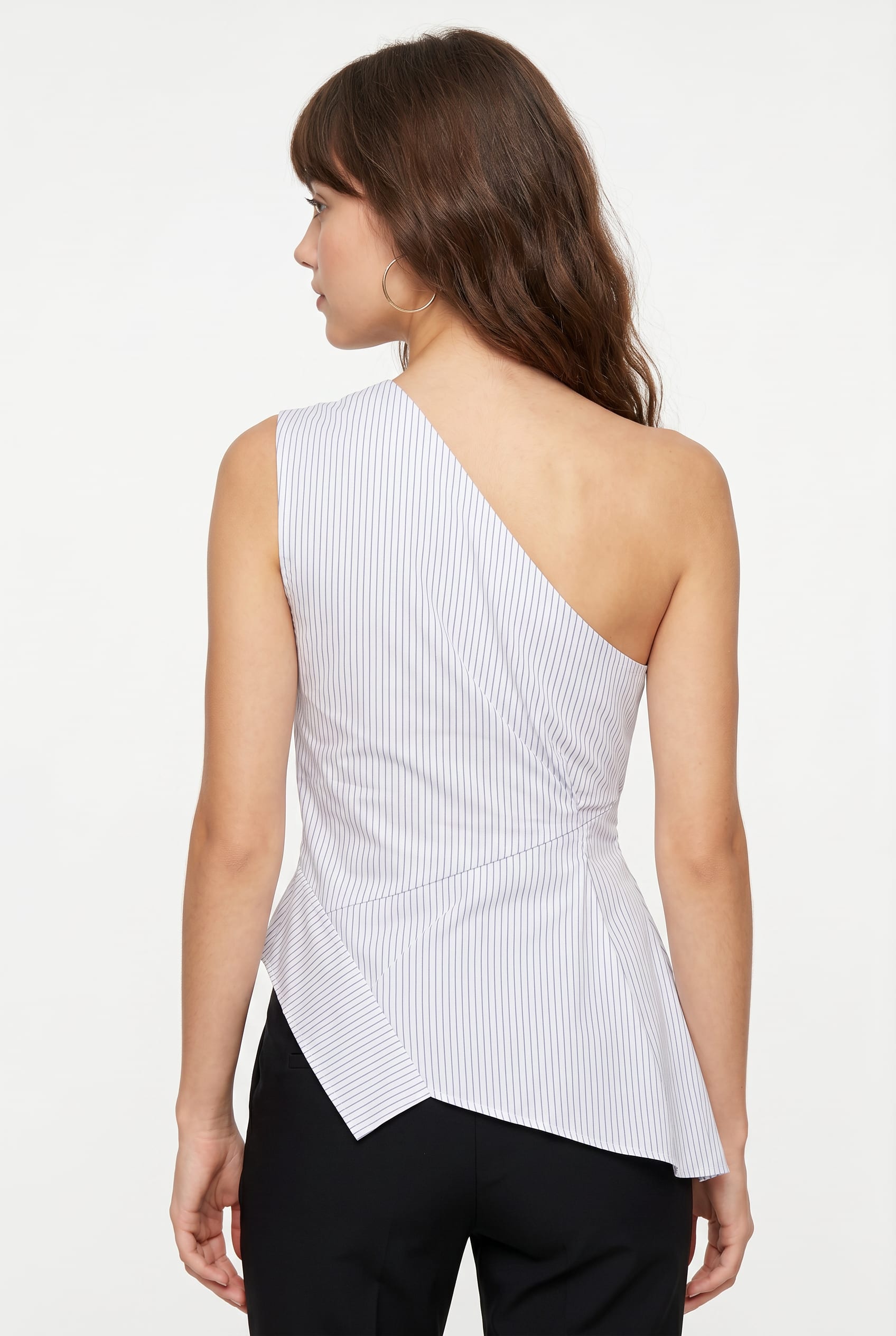 White Pinstripe One-Shoulder Ruched Top