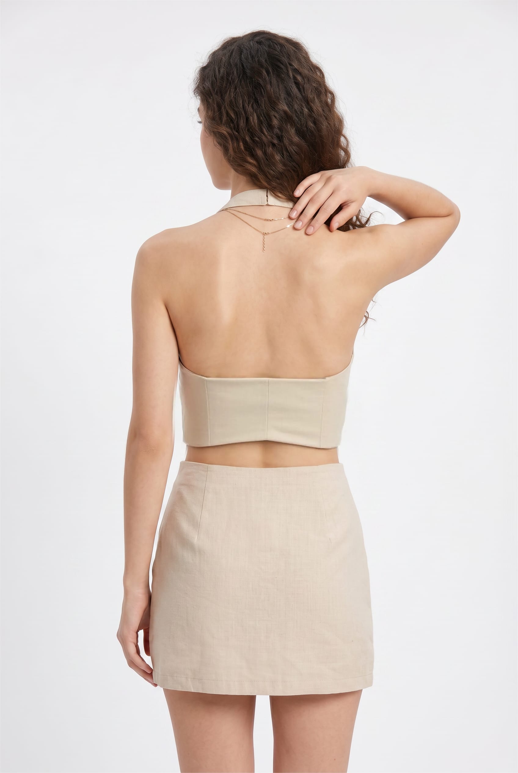 Nude Embroidered Halter Crop Top Mini Skirt Set