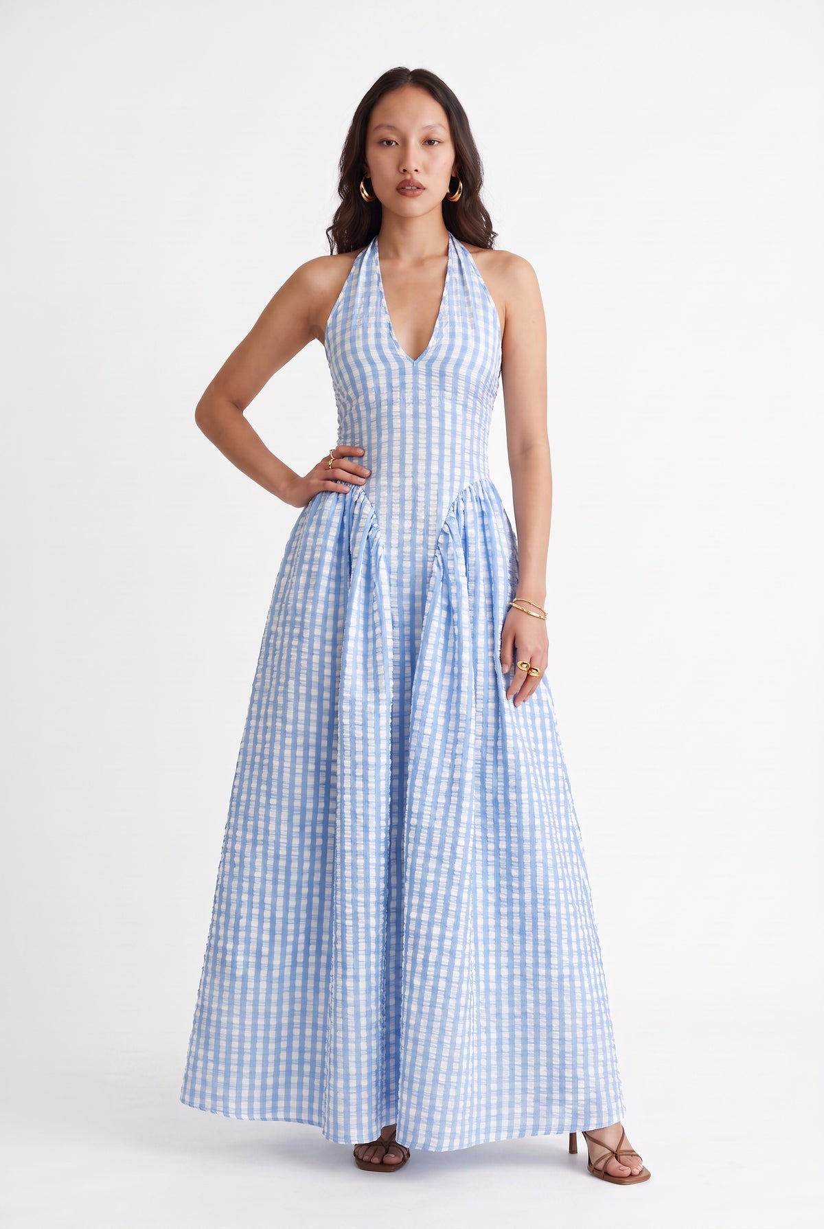 Blue Gingham Halter Maxi Dress