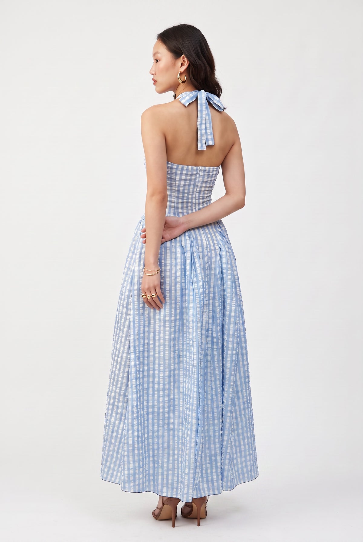 Blue Gingham Halter Maxi Dress