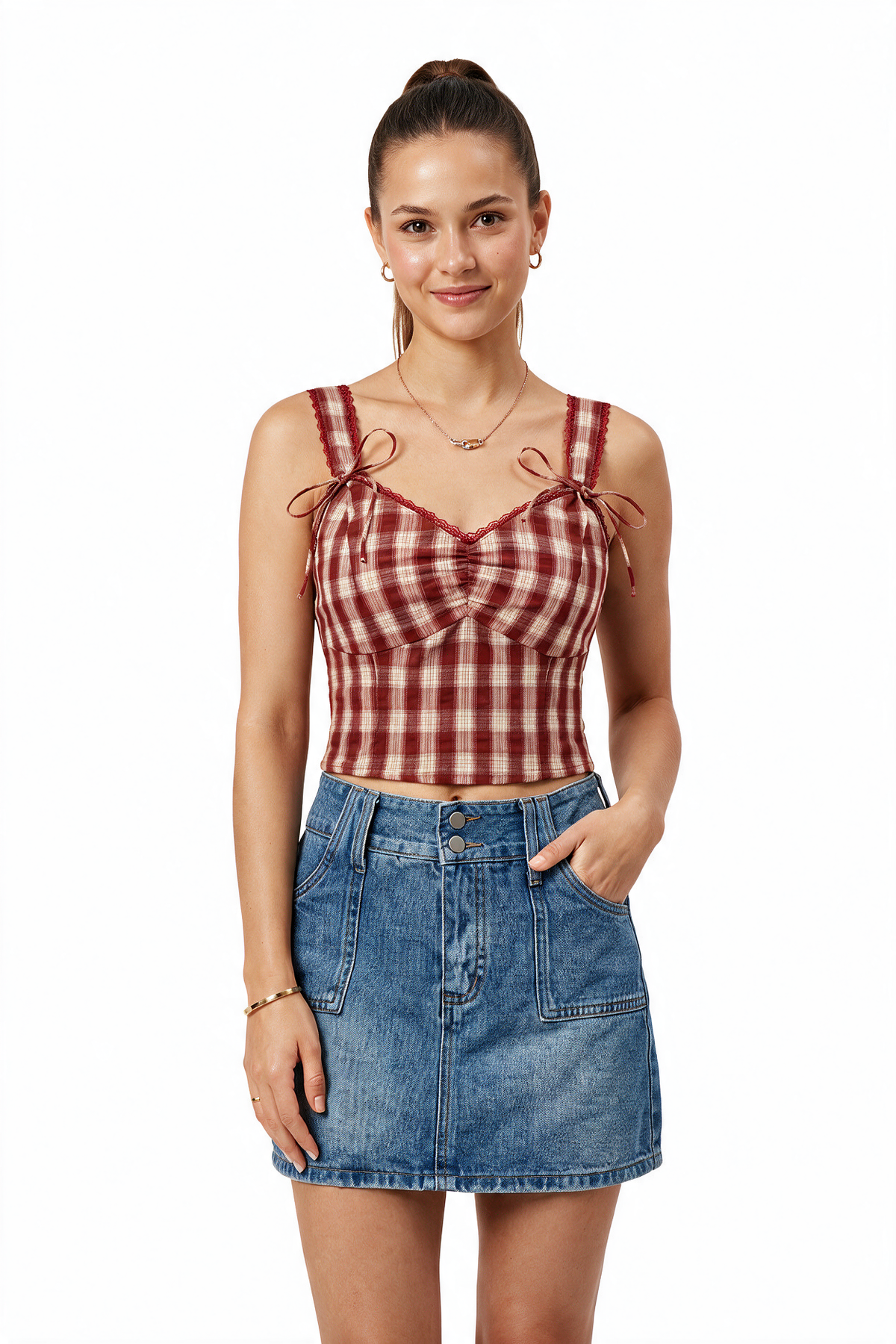 Red Plaid Cropped Bustier Cami
