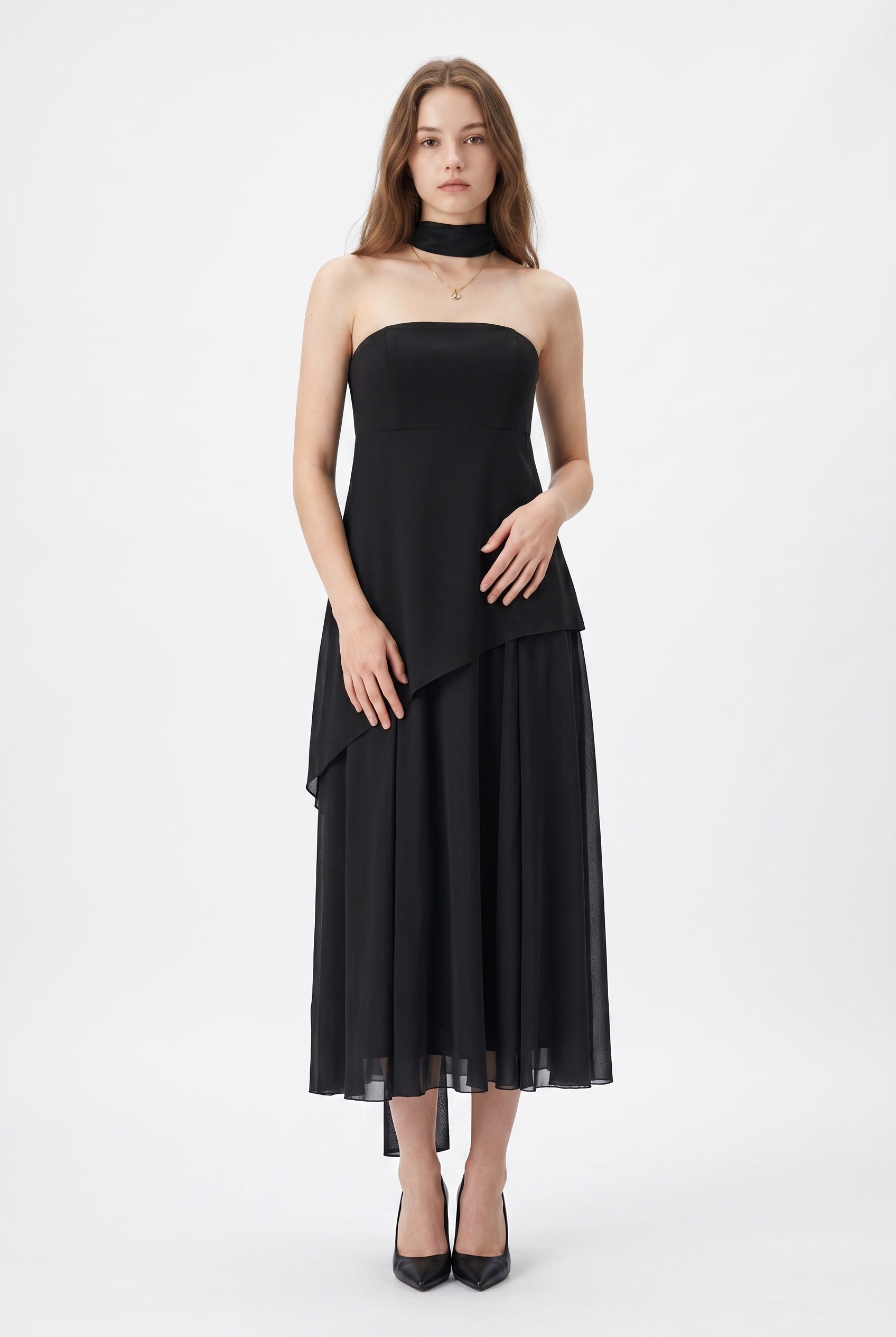 Black Strapless Choker Neck Midi Dress