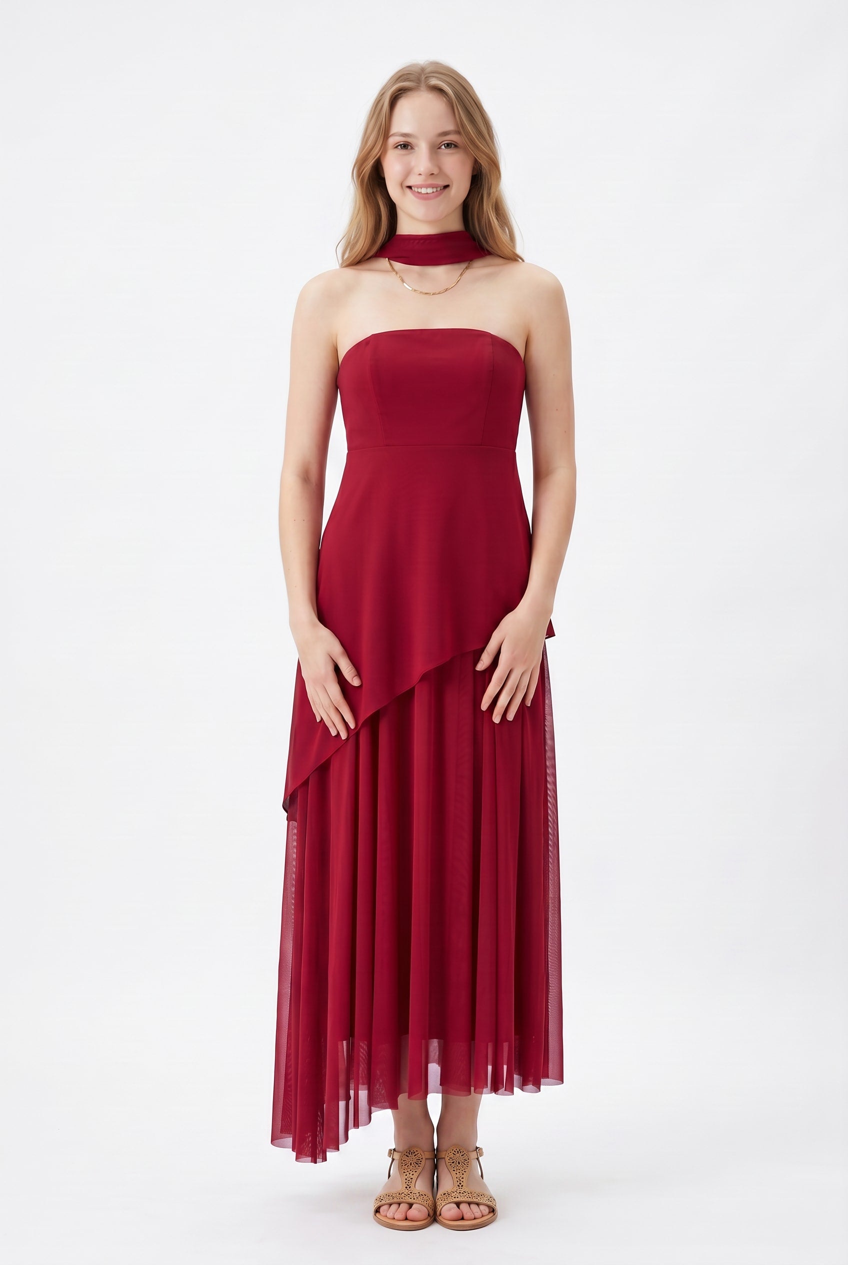 Burgundy Choker Neck Tulle Maxi Dress