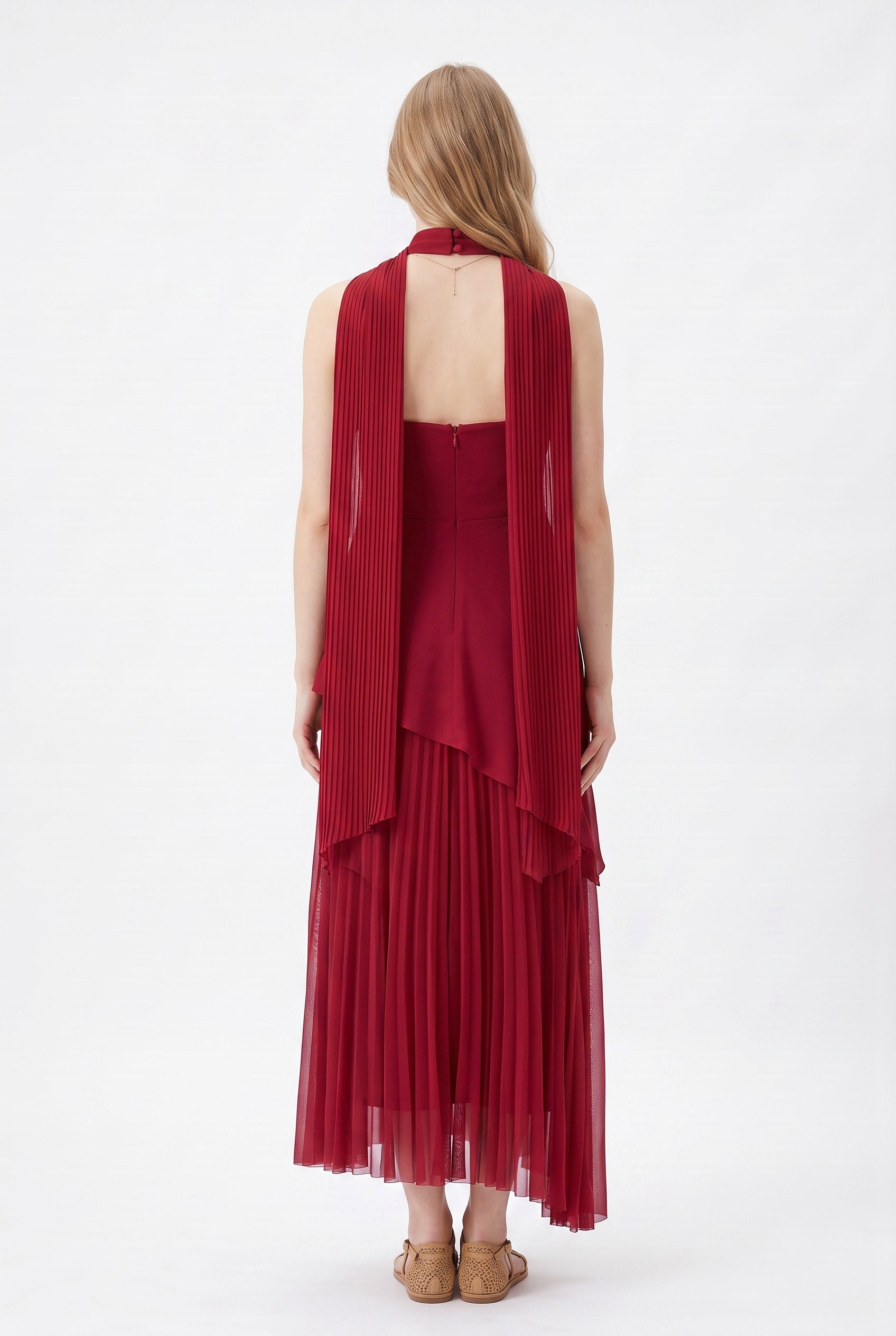 Burgundy Choker Neck Tulle Maxi Dress
