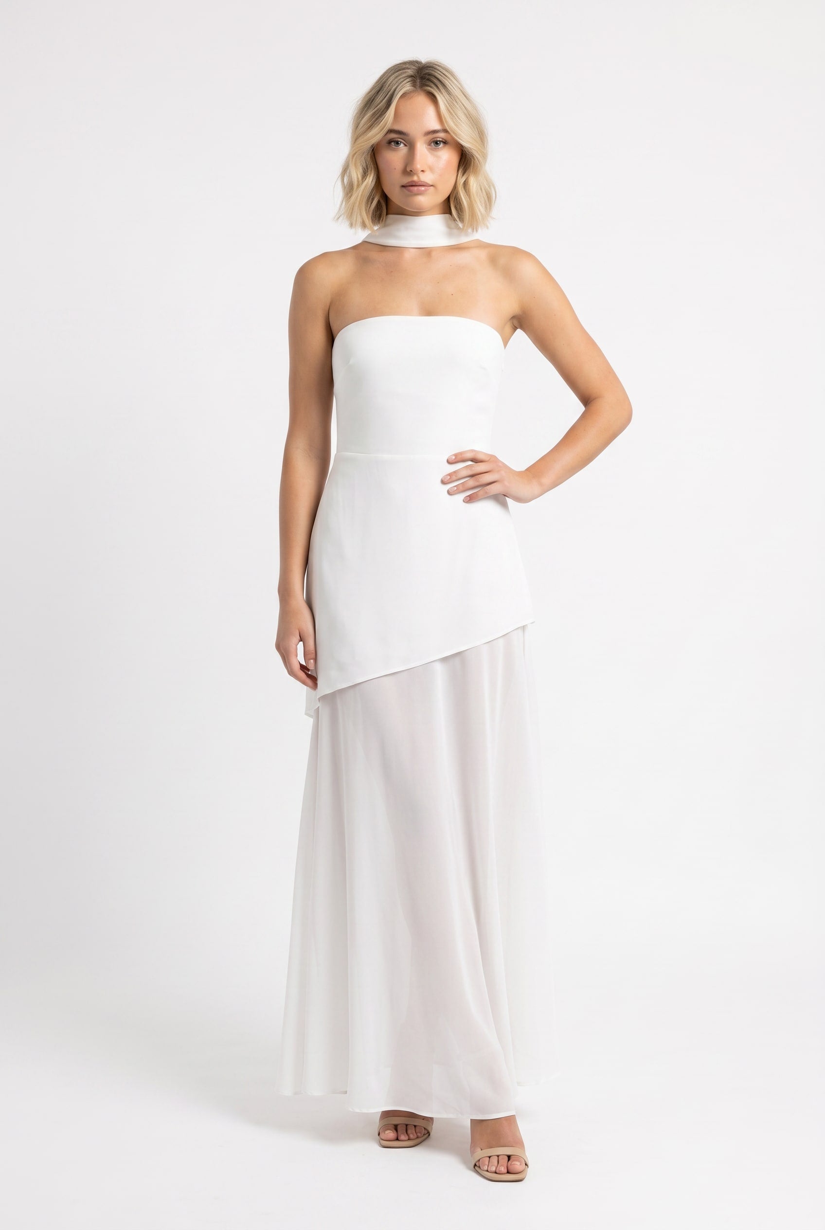 White Asymmetric Choker Maxi Dress
