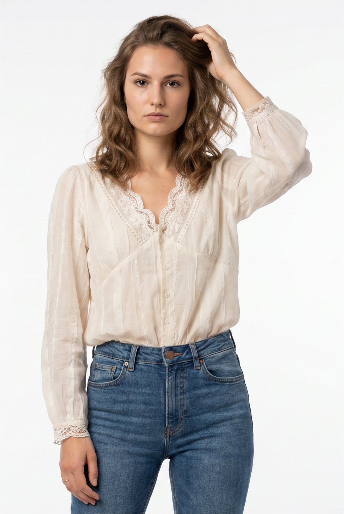 Beige Lace Trim Romantic Blouse