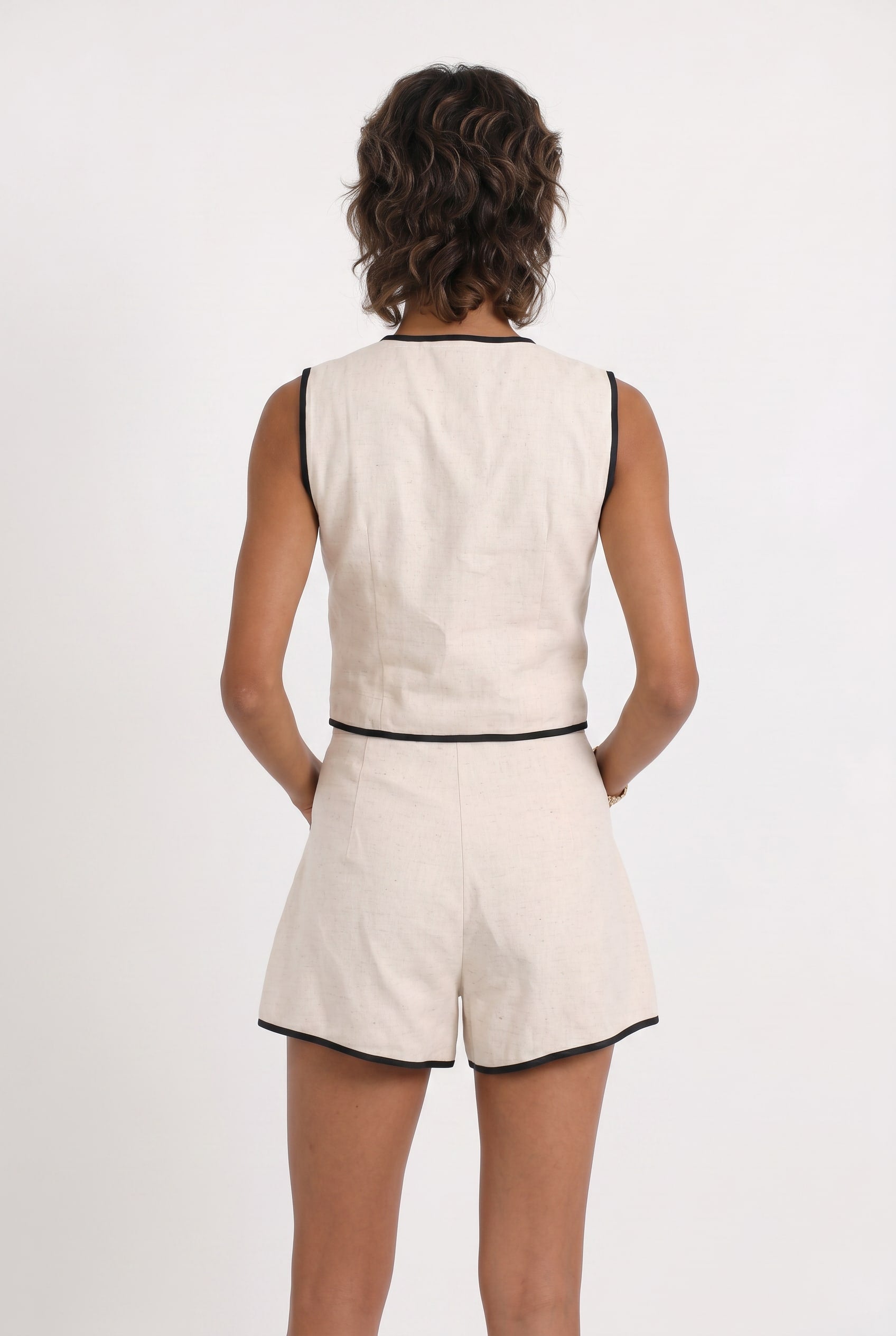 Cream Double-Breasted Vest And Shorts Co-ord