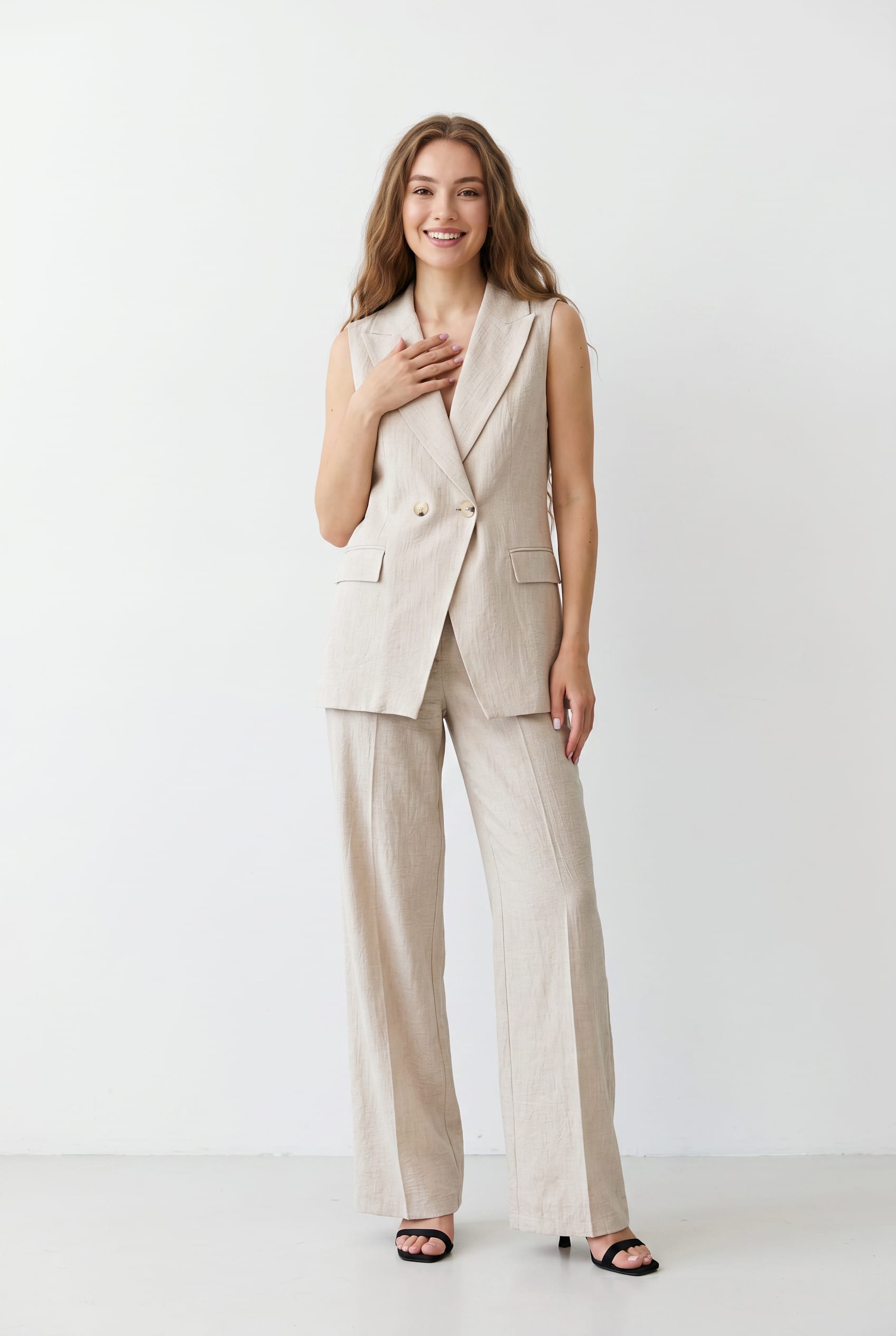 Natural Linen Double-Breasted Sleeveless Vest Co-ord