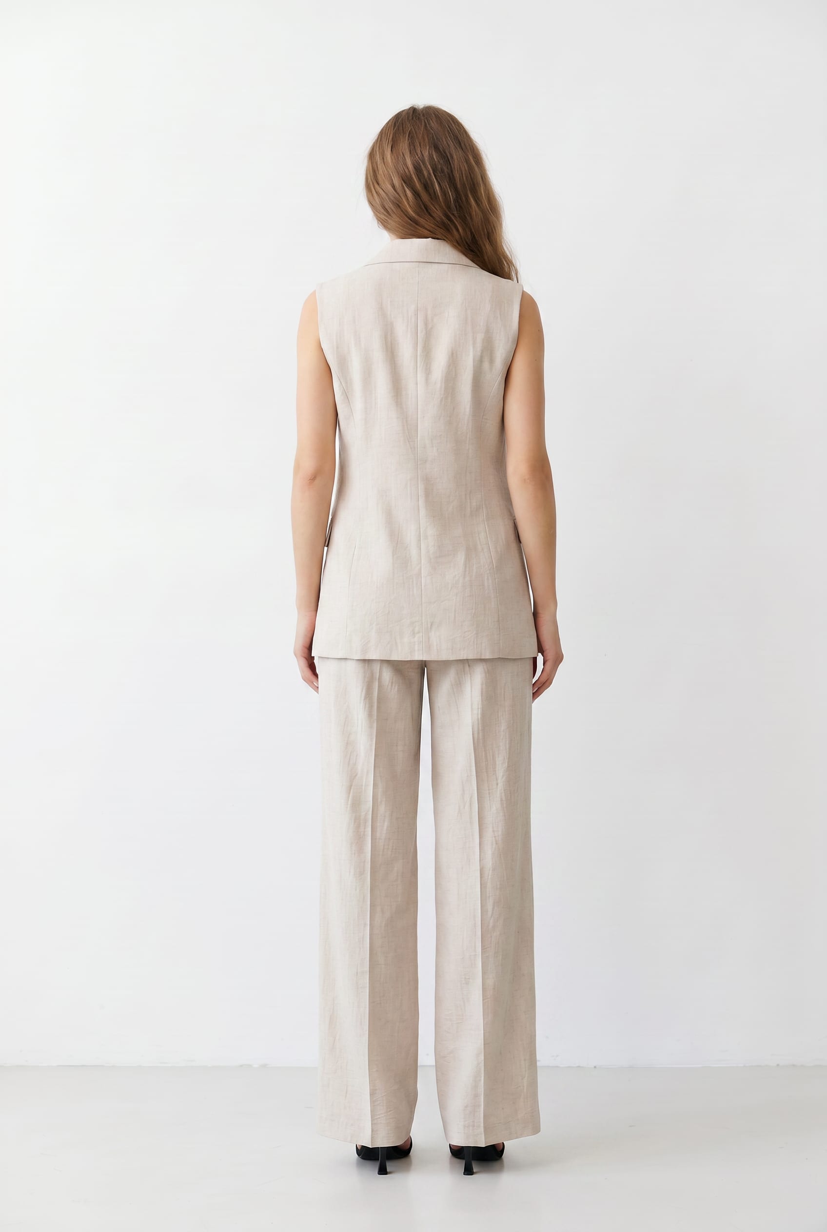 Natural Linen Double-Breasted Sleeveless Vest Co-ord