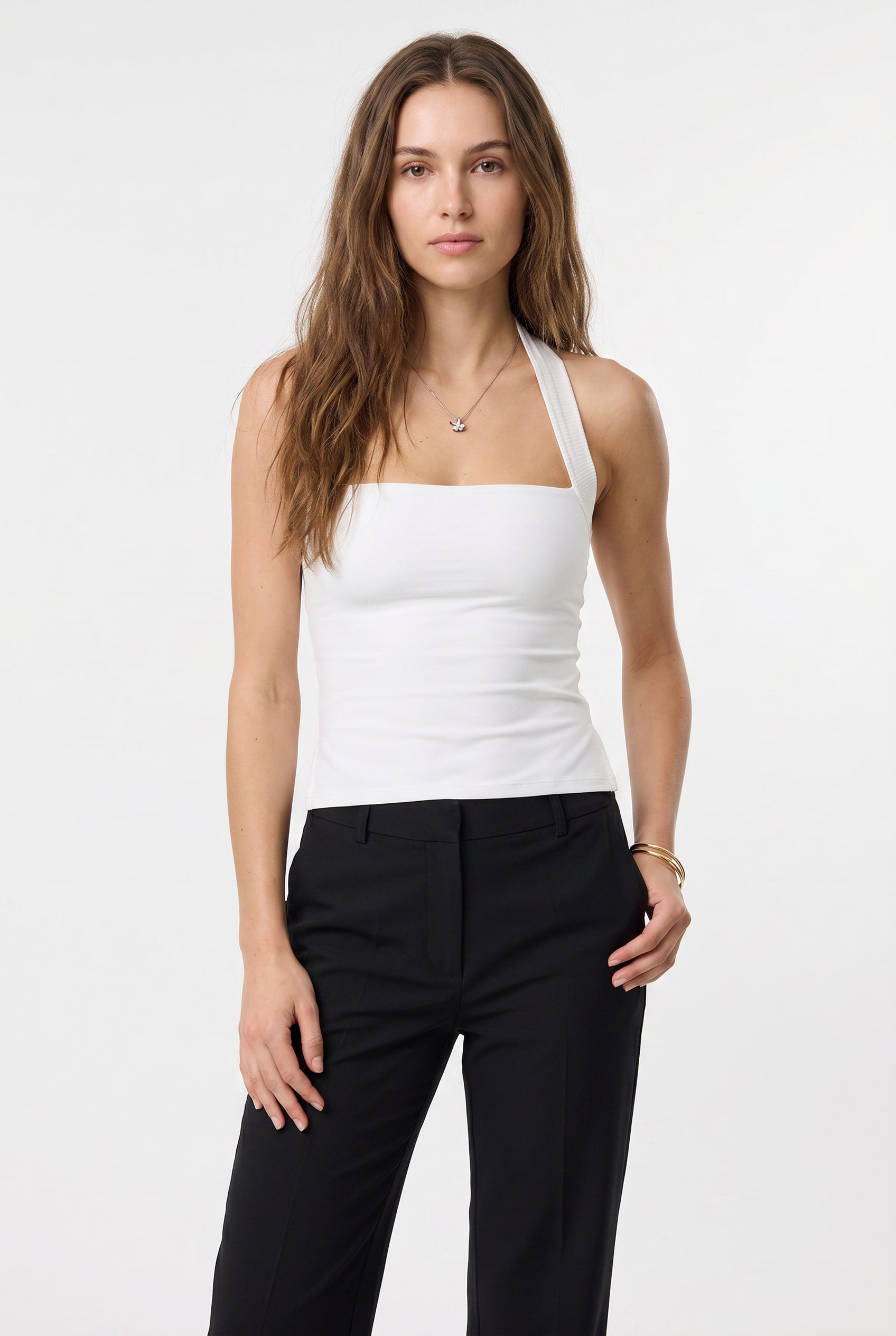 White Halter Neck Fitted Tank Top