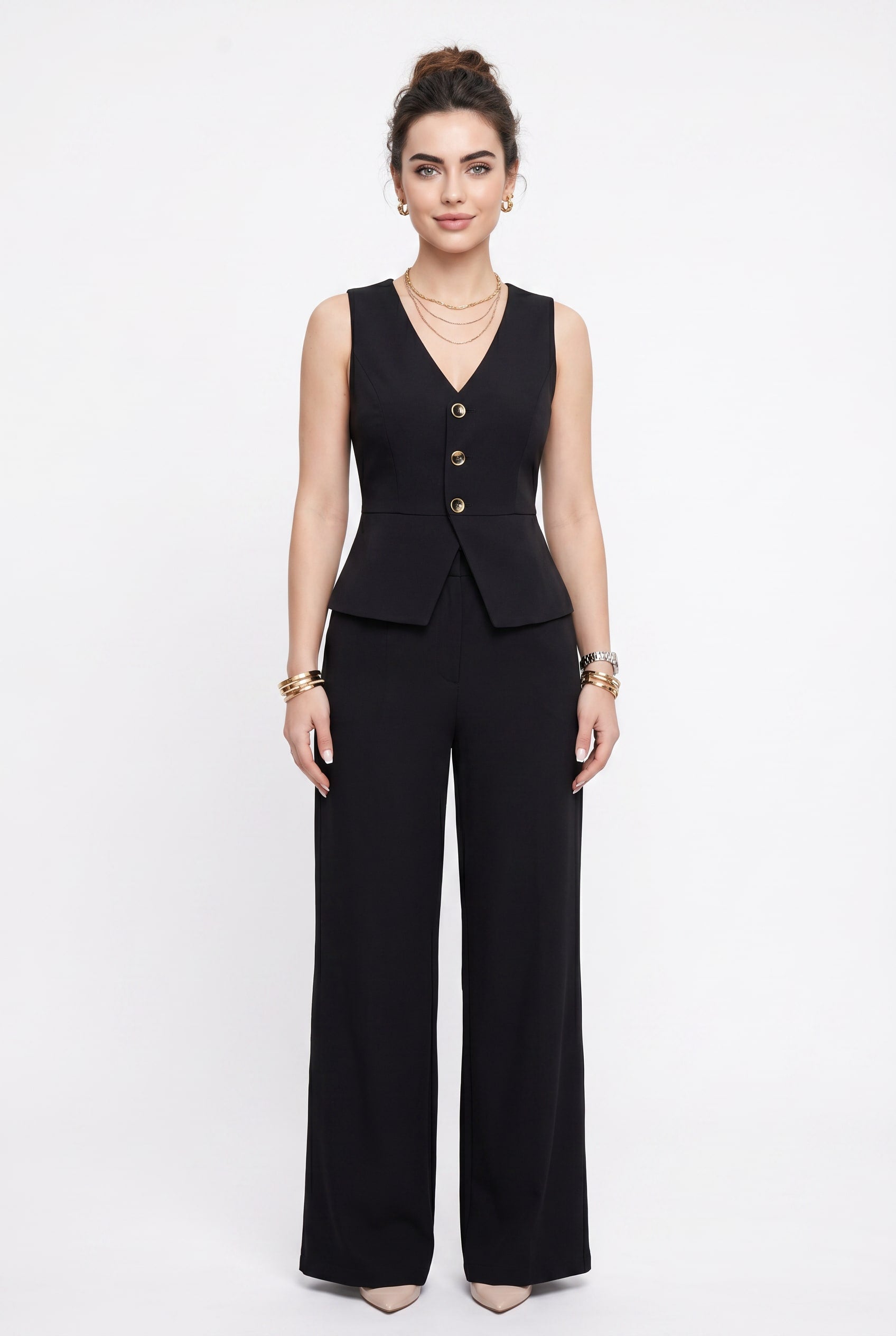 Black Sleeveless Peplum Waistcoat Wide-Leg Co-ord