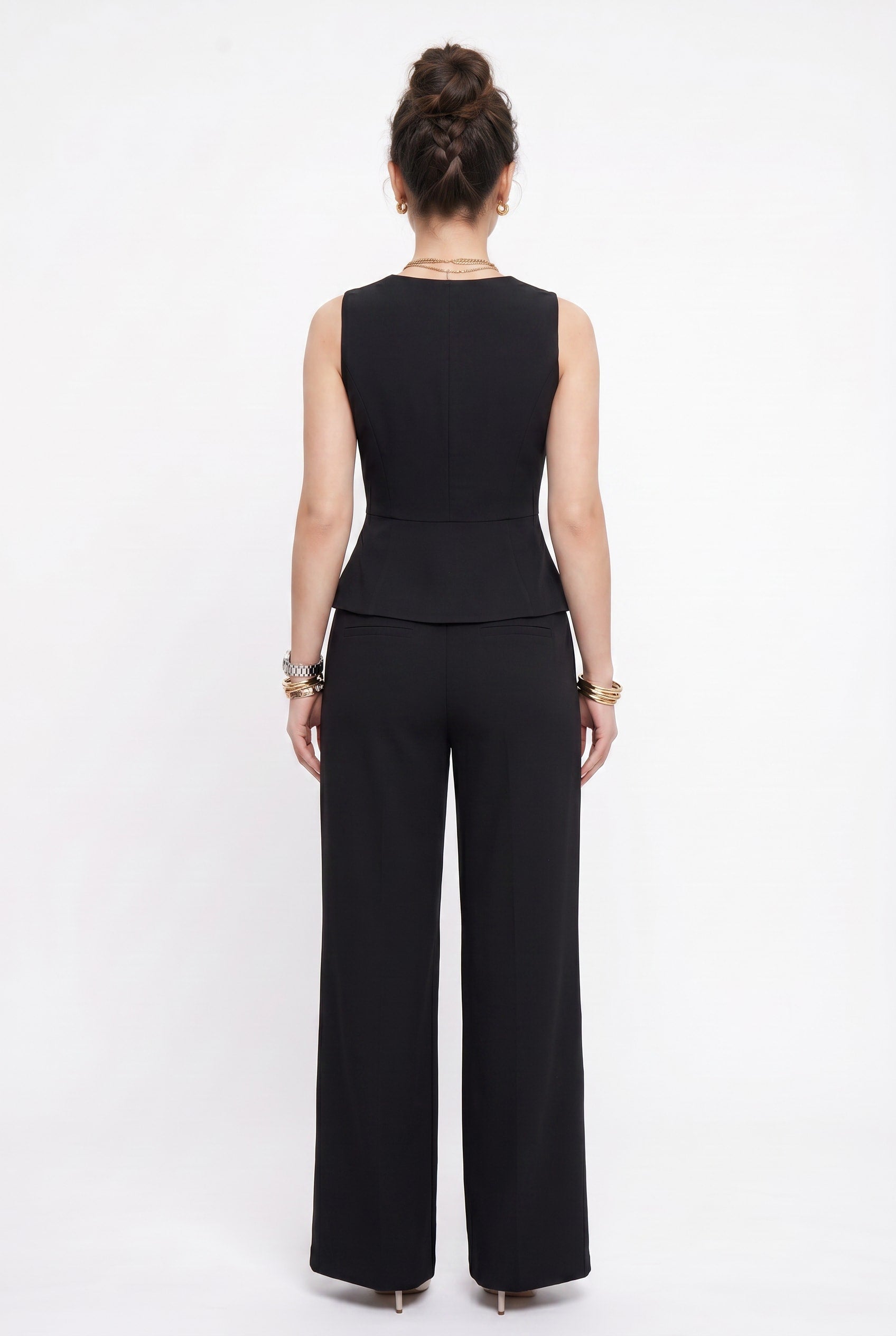 Black Sleeveless Peplum Waistcoat Wide-Leg Co-ord