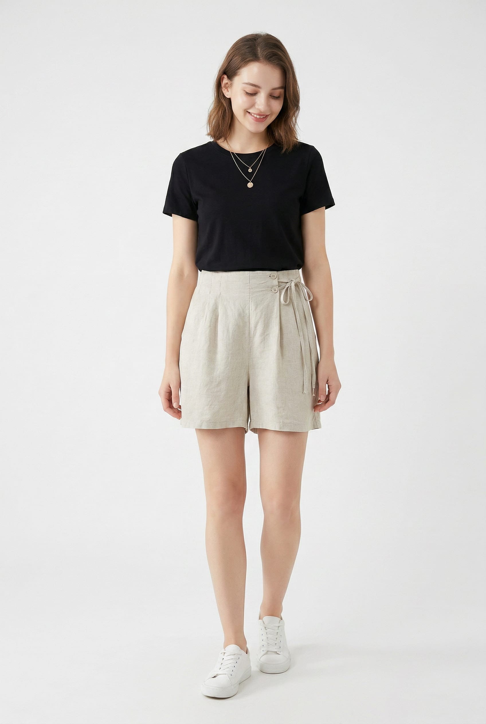Natural Linen High-Waisted Pleated Shorts
