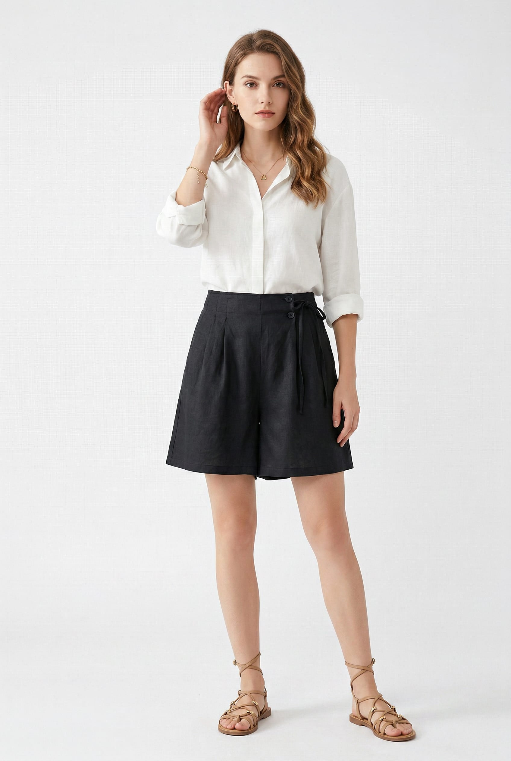 Black Linen High-Waist Pleated Shorts