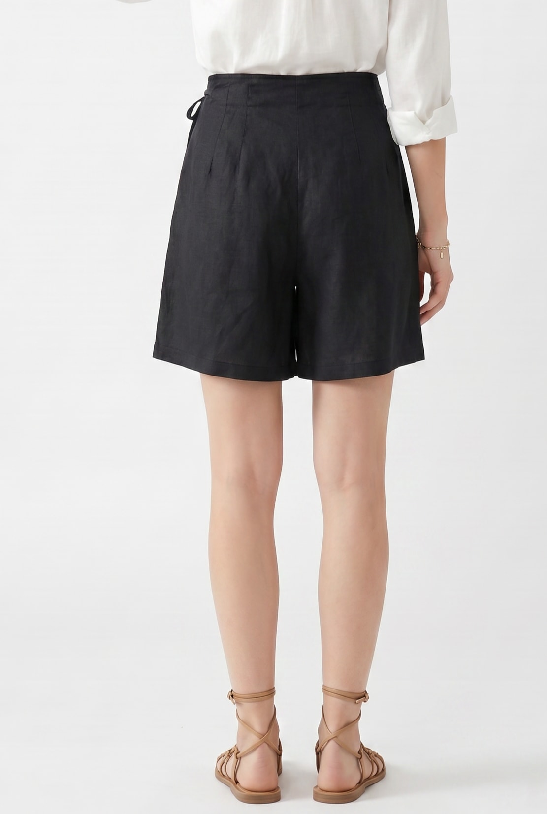 Black Linen High-Waist Pleated Shorts