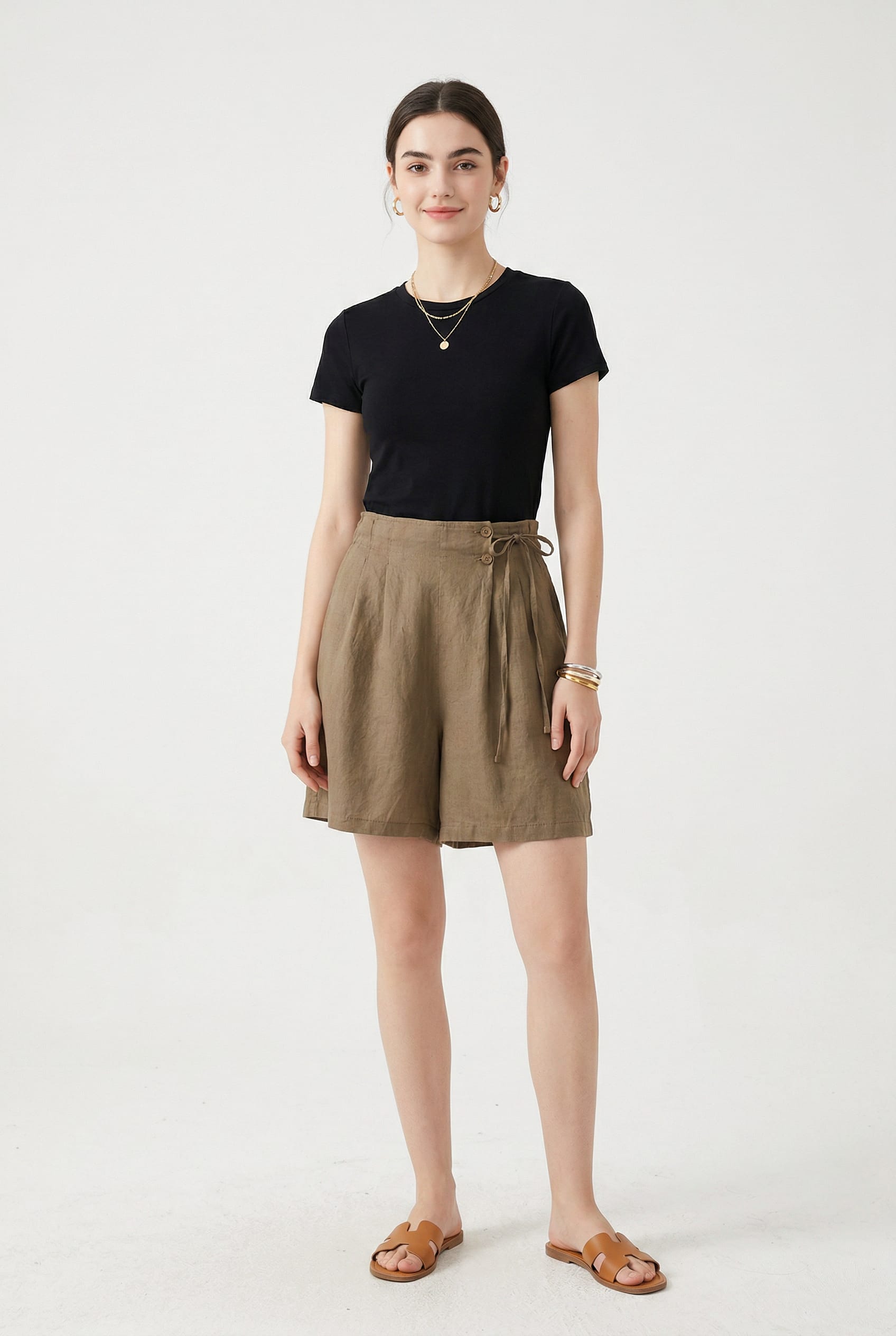 Khaki Linen High-Waist Tie Shorts