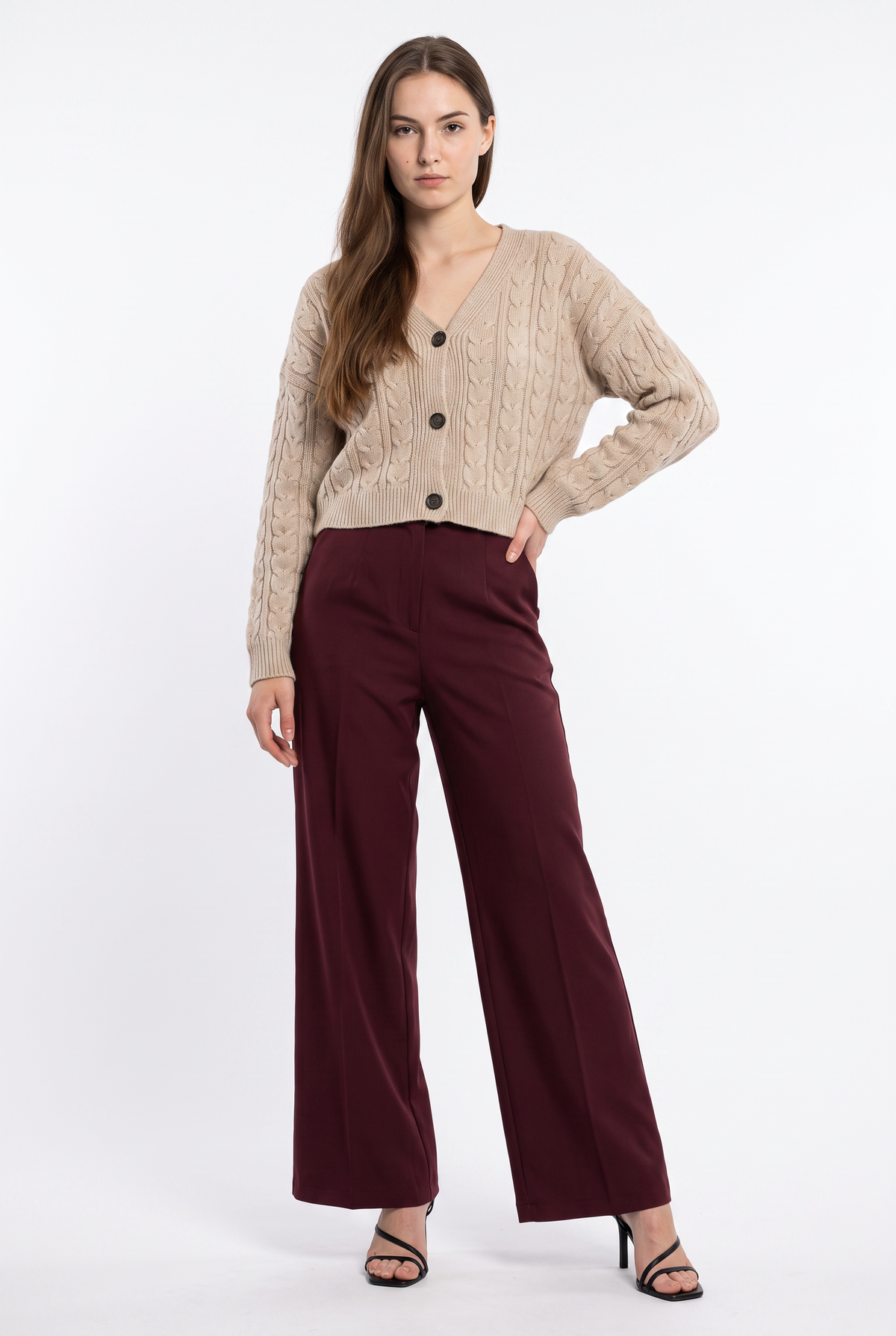 Beige Cable Knit Cropped Cardigan