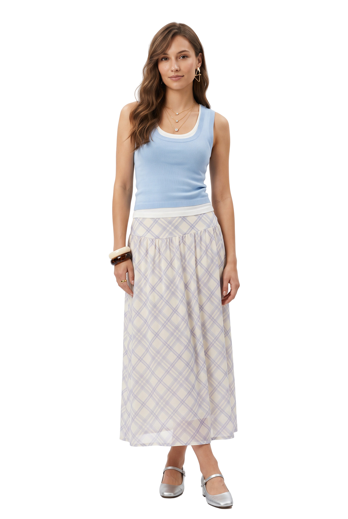 Plaid Cream Chiffon Tiered Midi Skirt