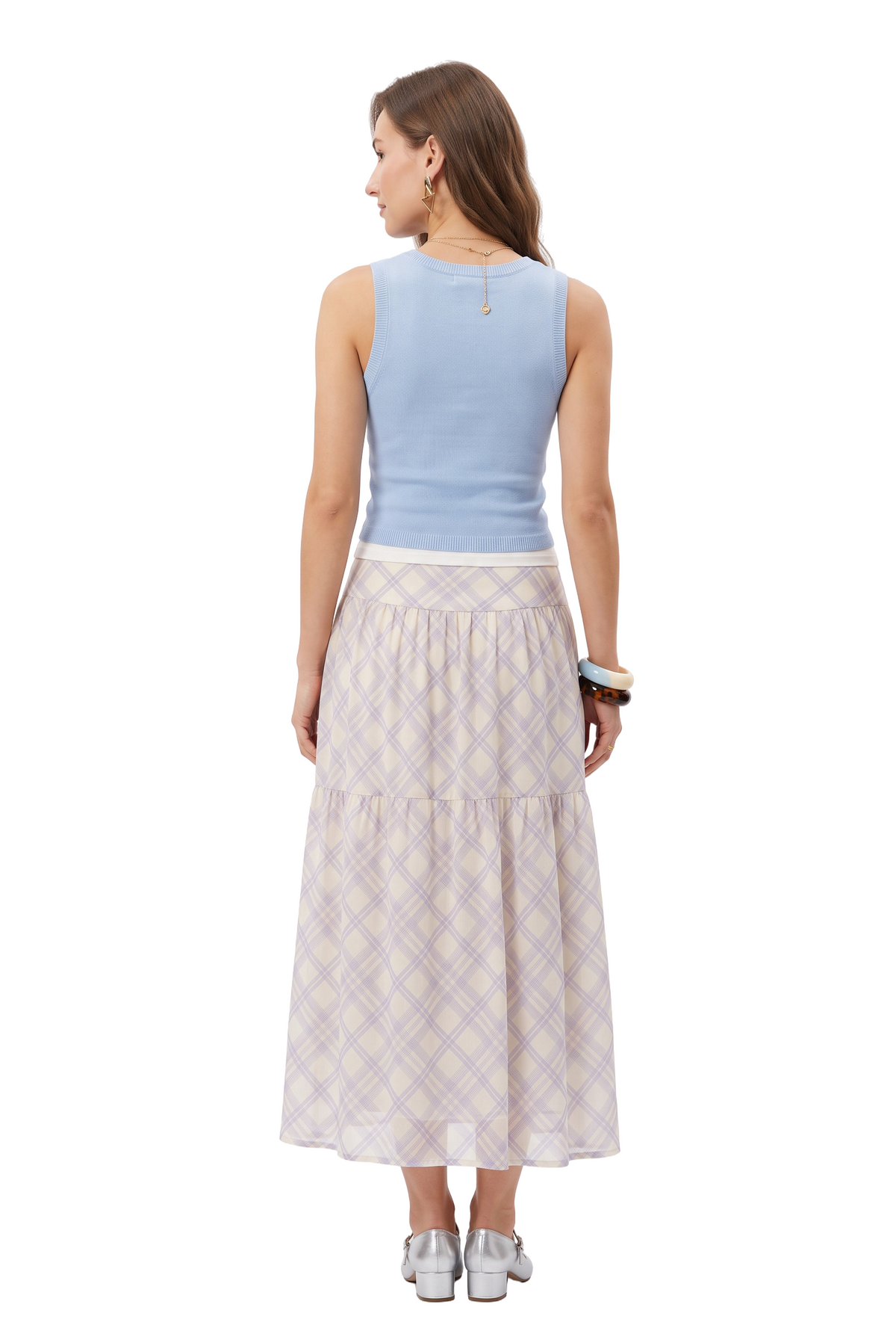 Plaid Cream Chiffon Tiered Midi Skirt
