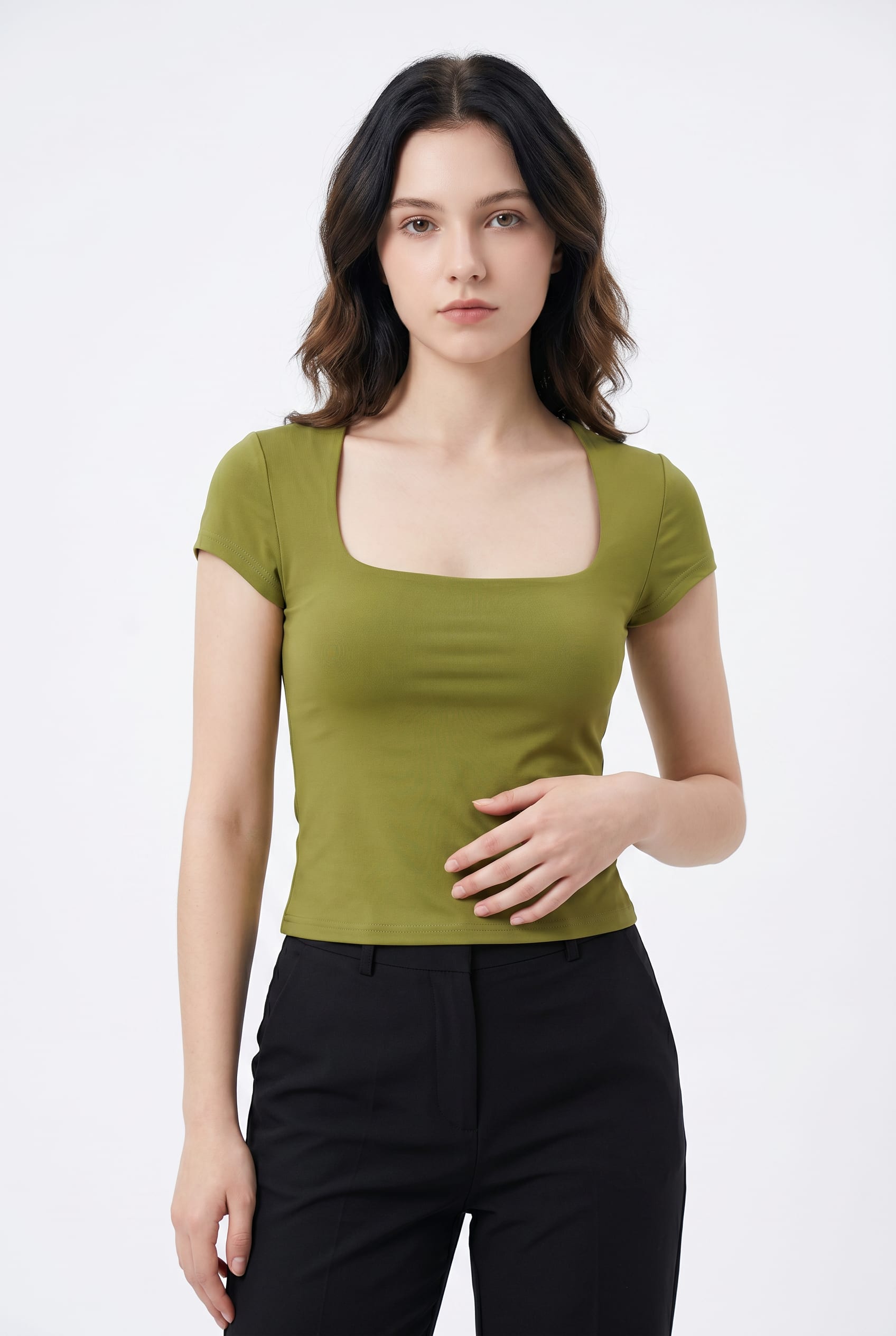 Olive Green Square Neck Fitted Top