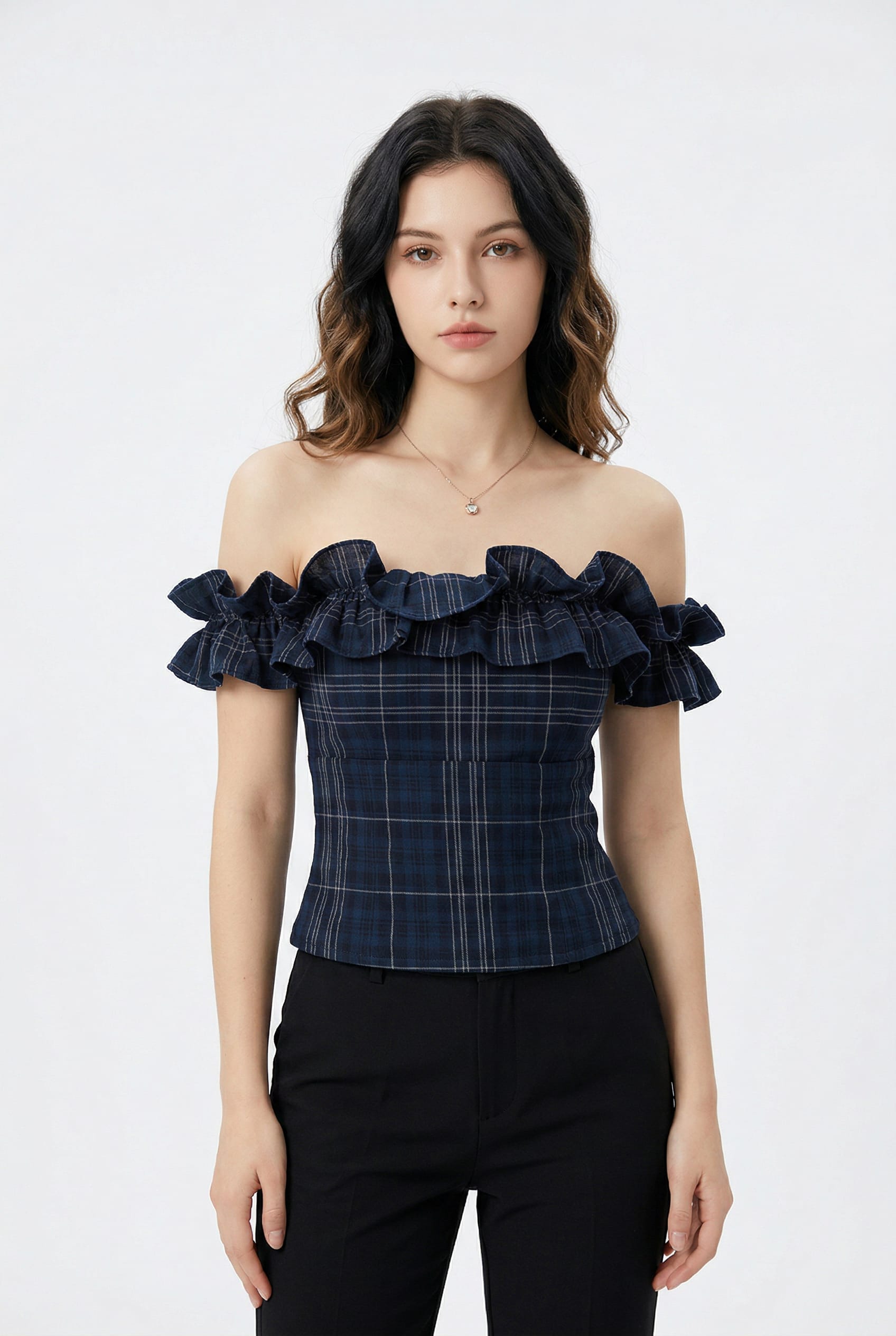 Navy Plaid Off-Shoulder Ruffle Top