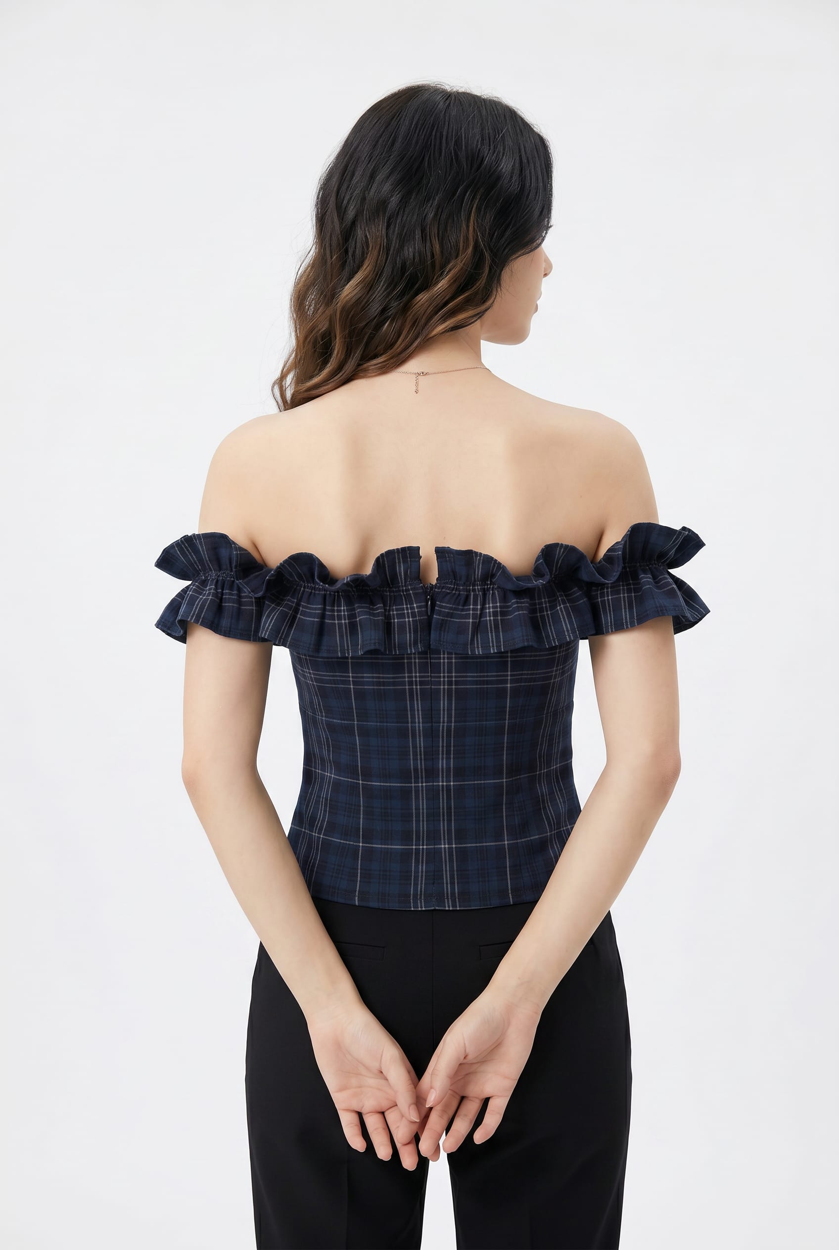 Navy Plaid Off-Shoulder Ruffle Top