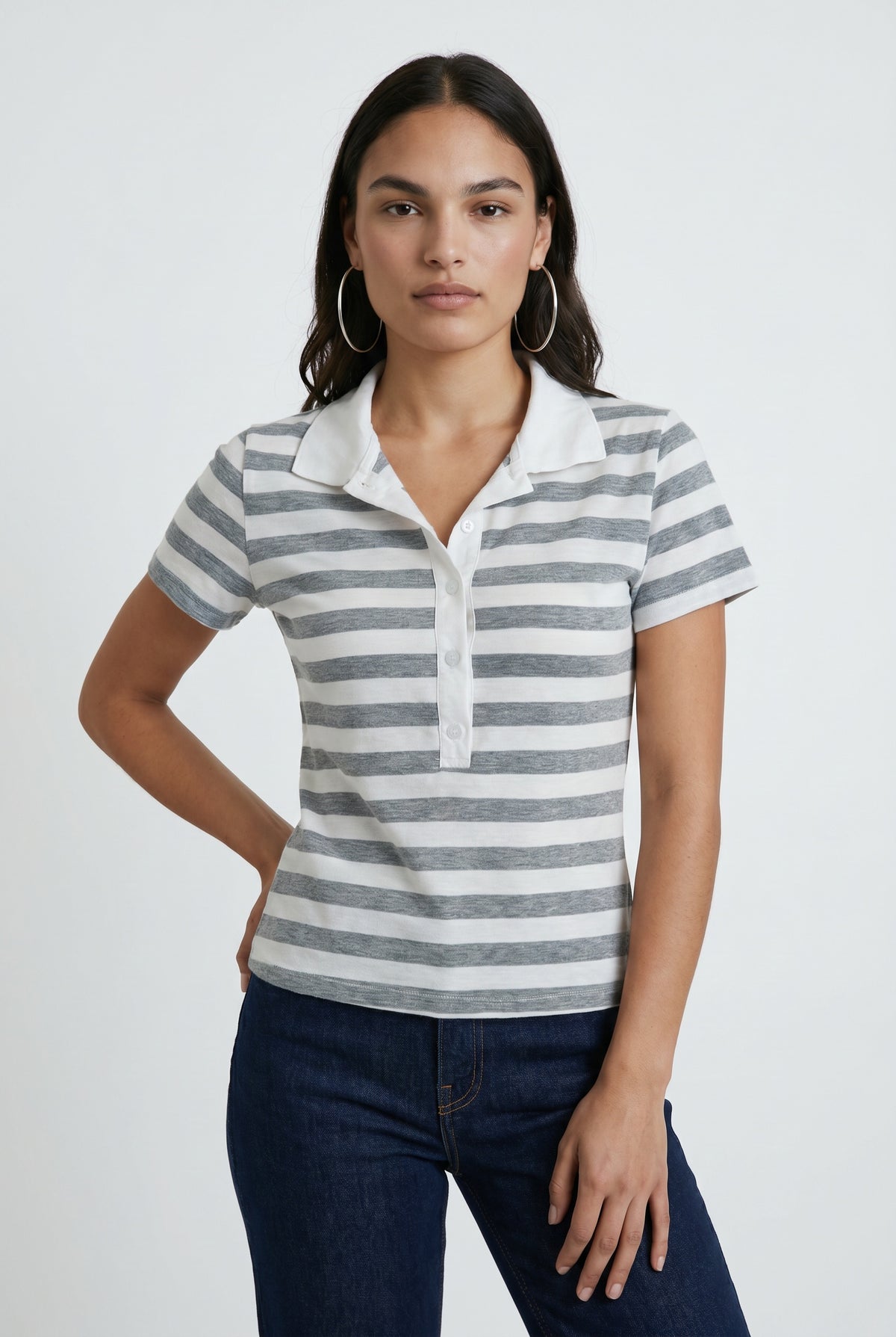 Gray Striped Cotton Polo Shirt