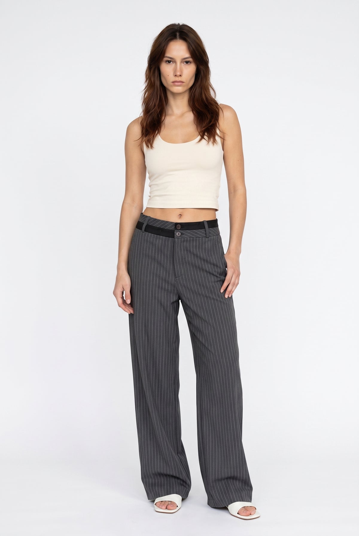 Gray Wide Leg Pinstripe Trousers