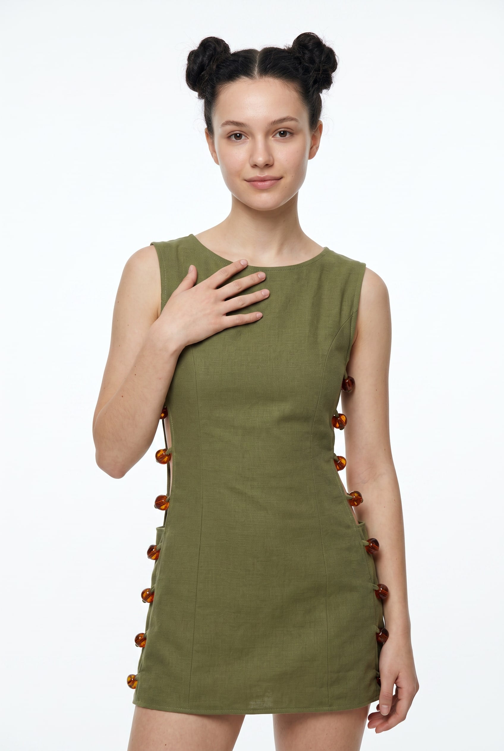 Olive Green Mini Dress Amber Button Detail