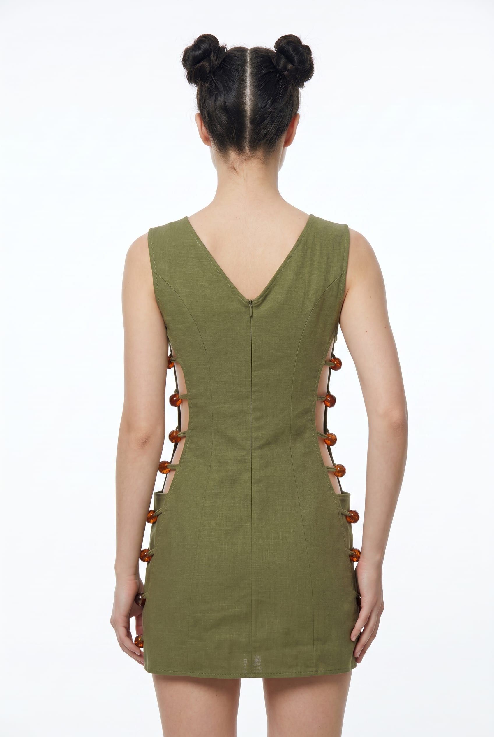 Olive Green Mini Dress Amber Button Detail