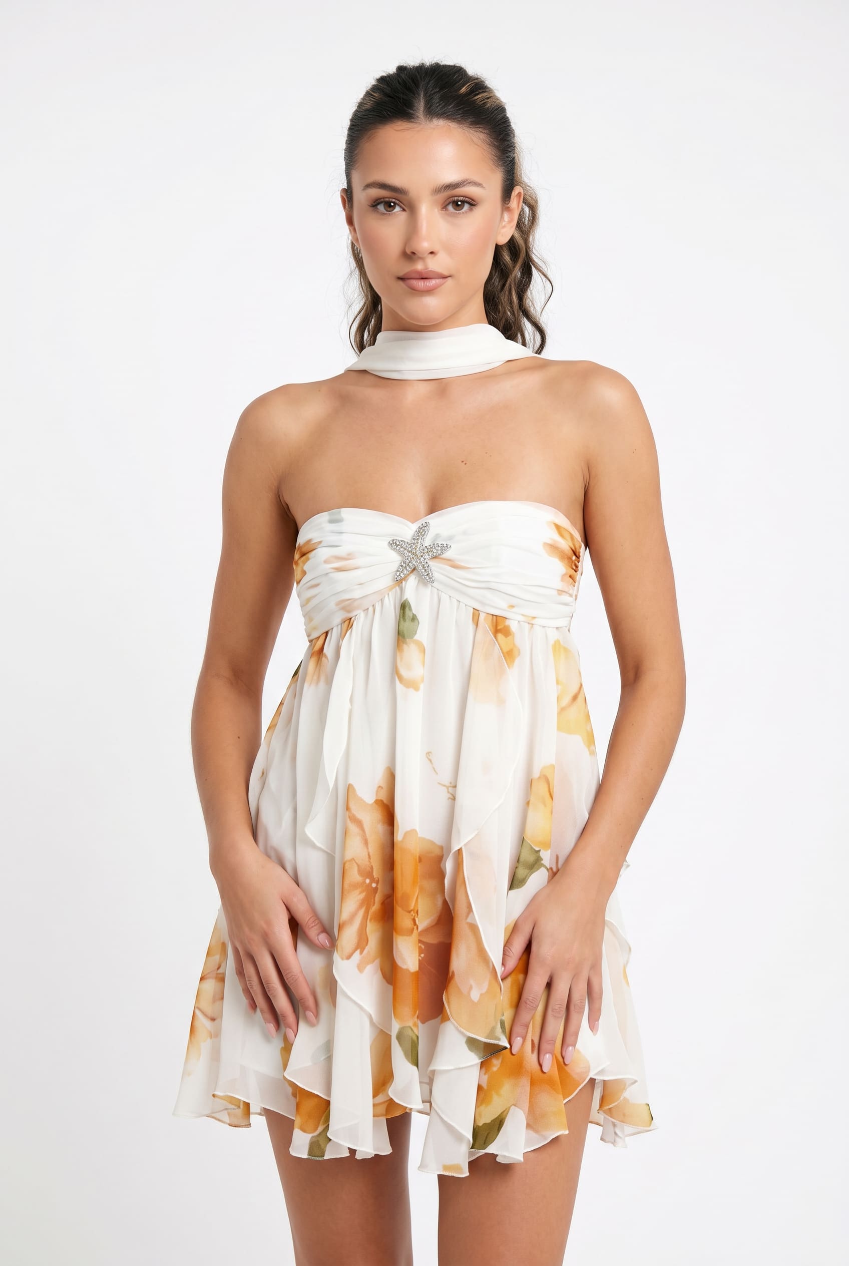 Ivory Floral Halter Empire Cocktail Dress