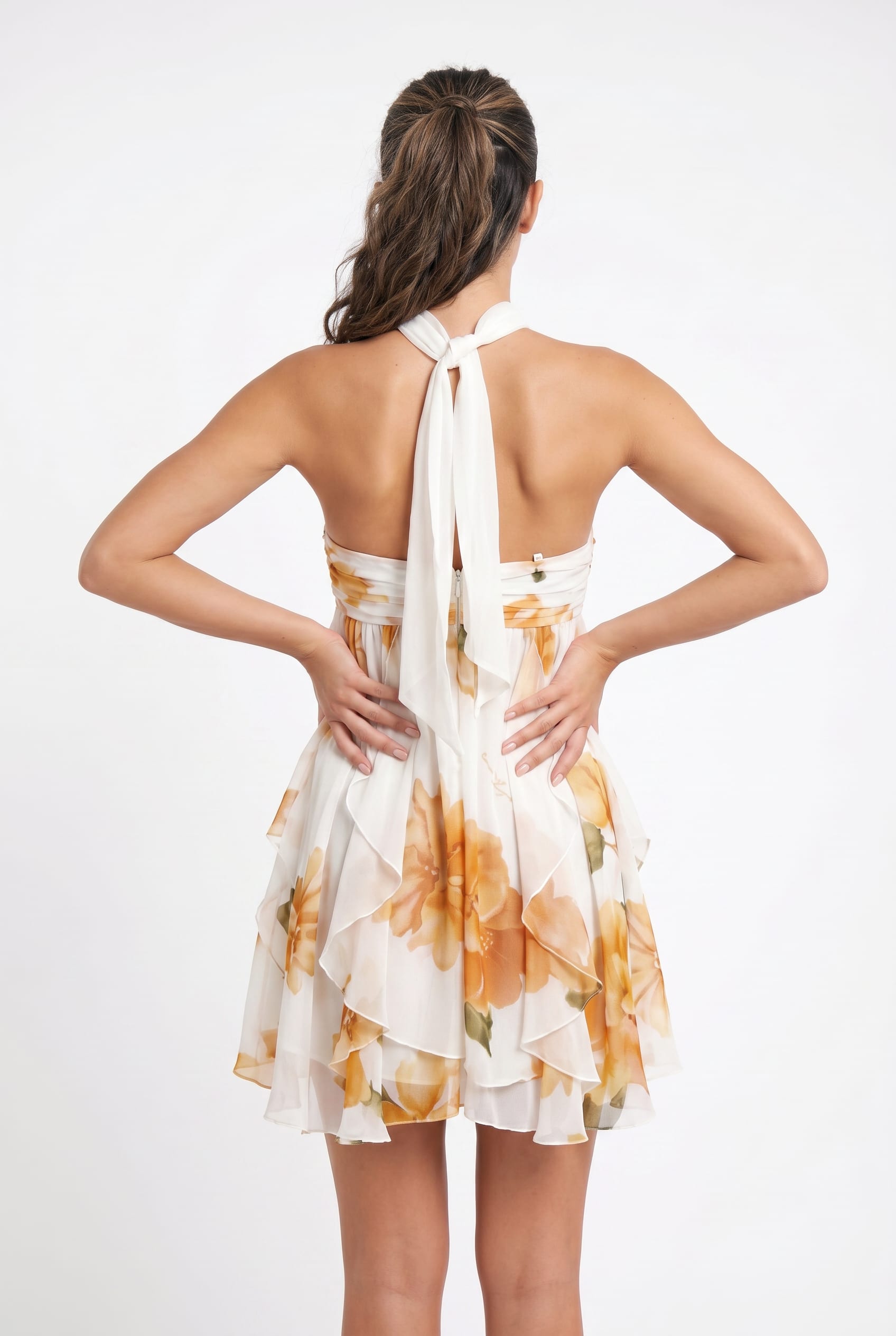 Ivory Floral Halter Empire Cocktail Dress