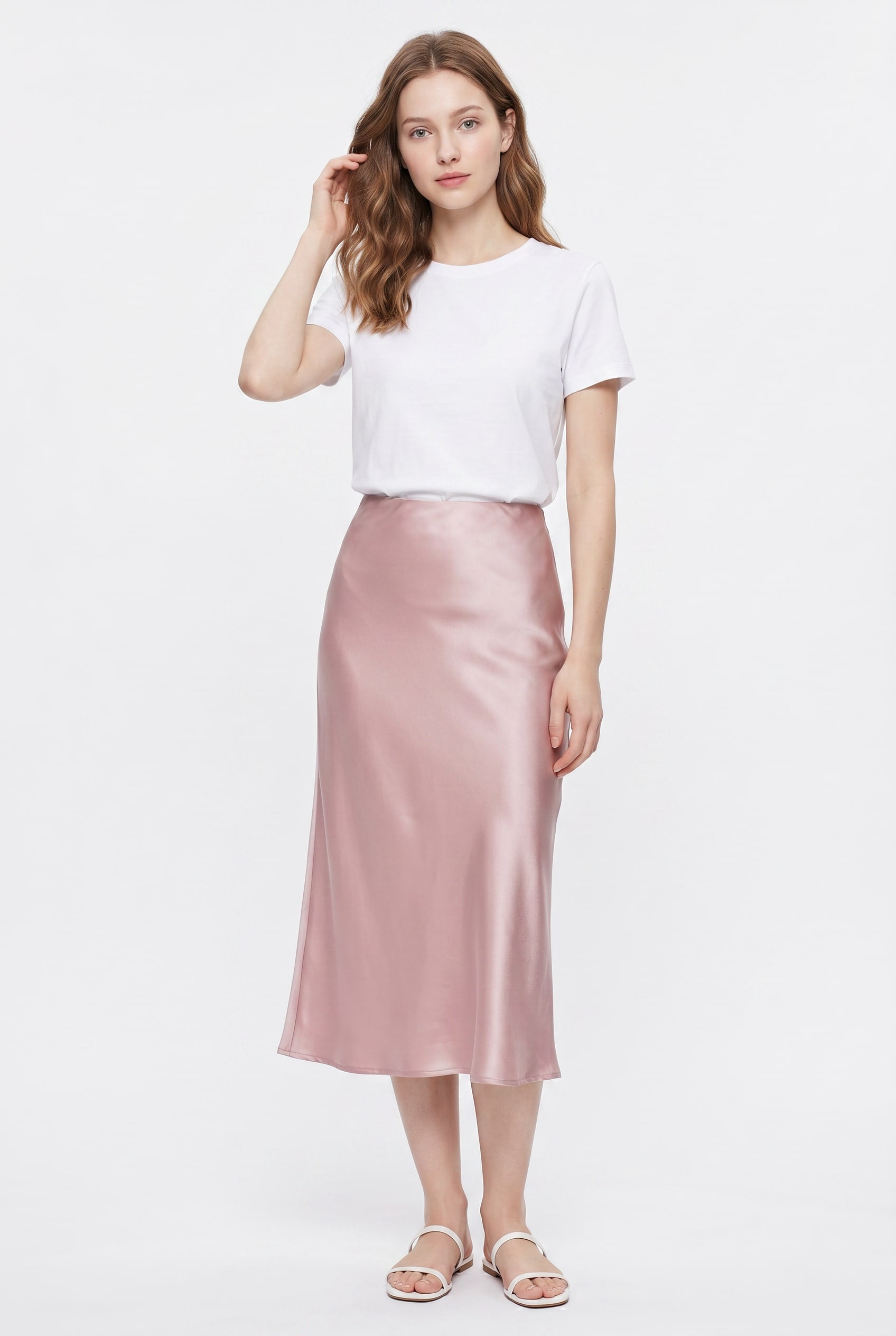 Blush Pink Satin Midi Slip Skirt