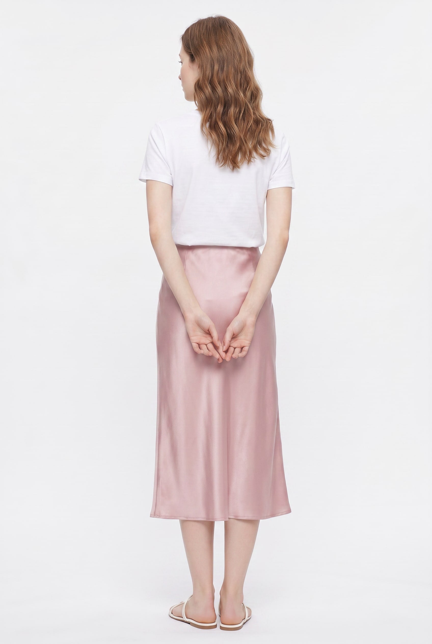 Blush Pink Satin Midi Slip Skirt