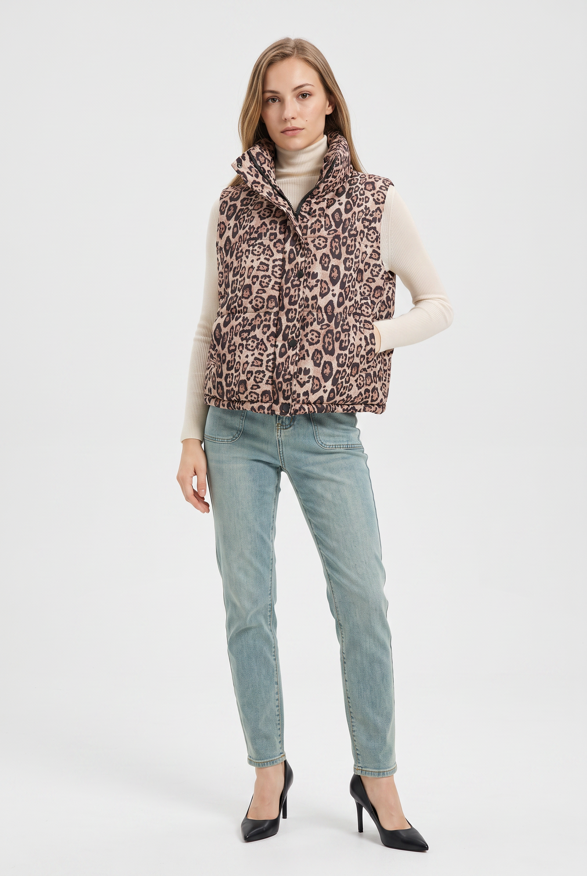 Beige Leopard Print Puffer Vest