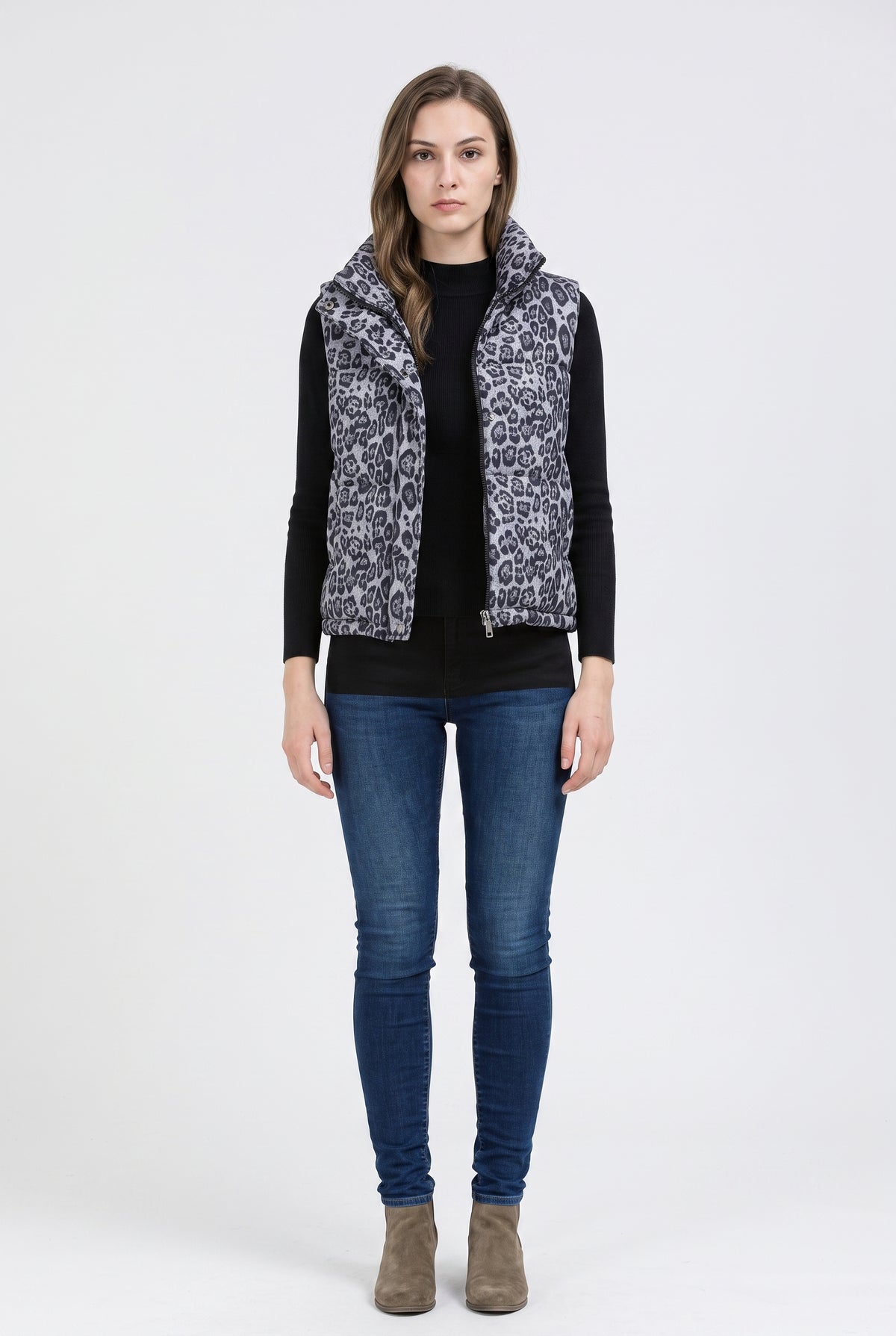 Gray Leopard Print Puffer Vest